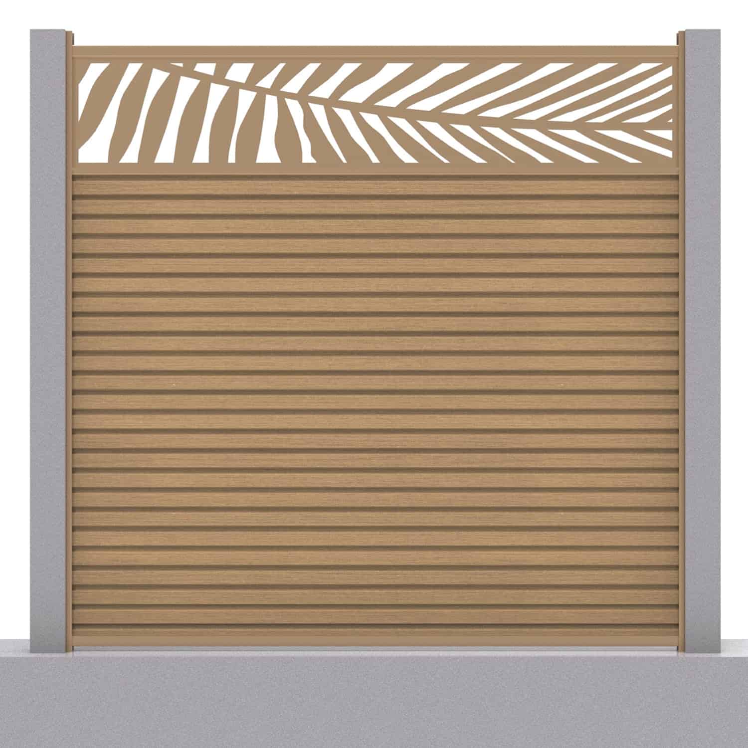 Slatted composite fence panel set - leaf design in teak with concrete post inserts