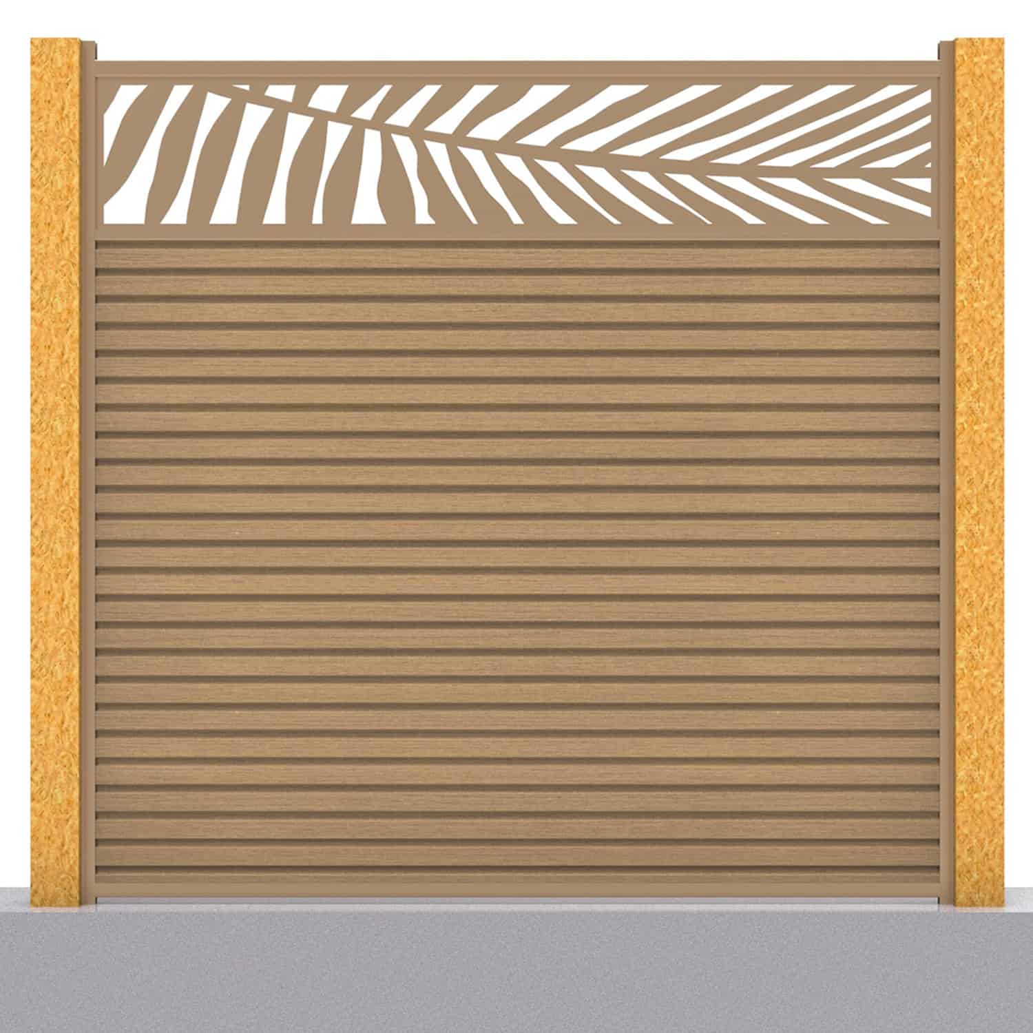 Slatted composite fence panel set - leaf design in teak with wooden post inserts