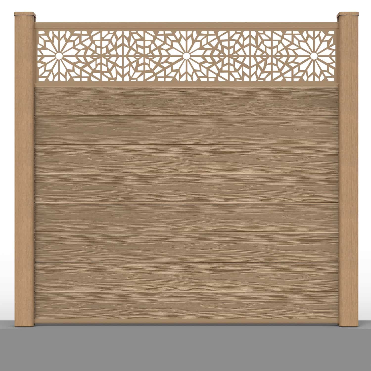 Deluxe composite fence panel set - geometric design in teak with hard ground post inserts