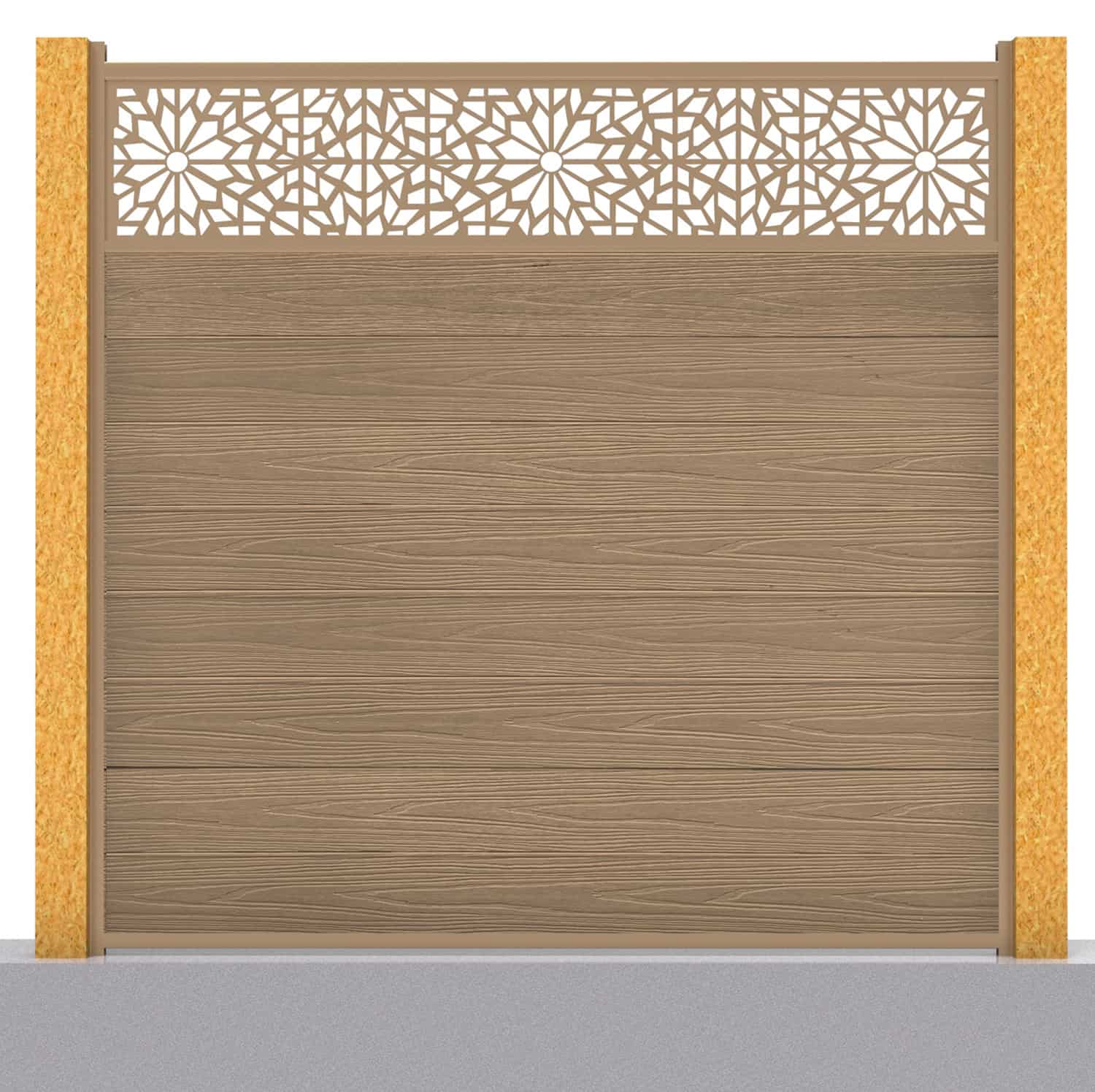 Deluxe composite fence panel set - geometric design in teak with wooden post inserts
