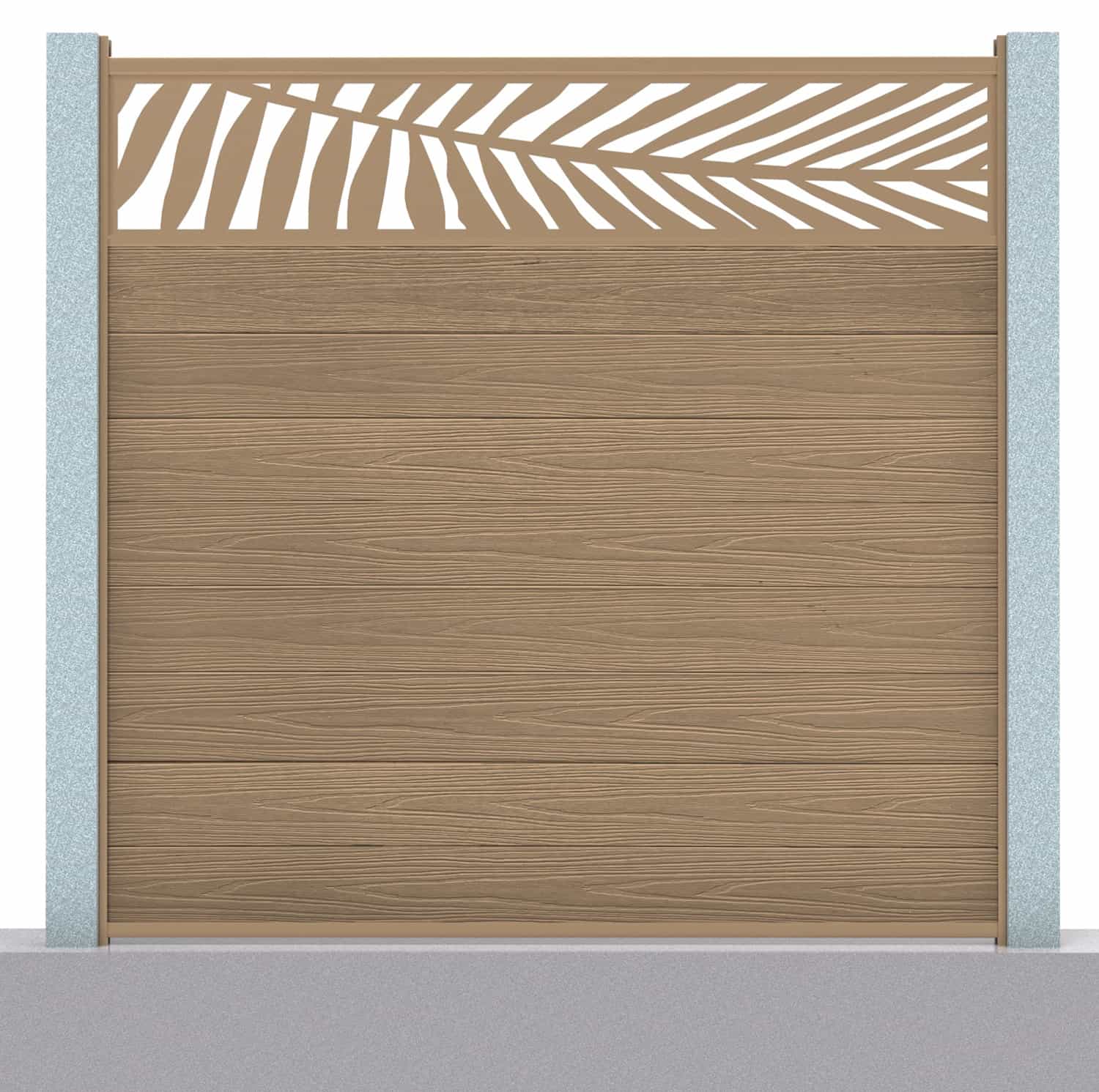 Deluxe composite fence panel set - leaf design in teak with concrete post inserts