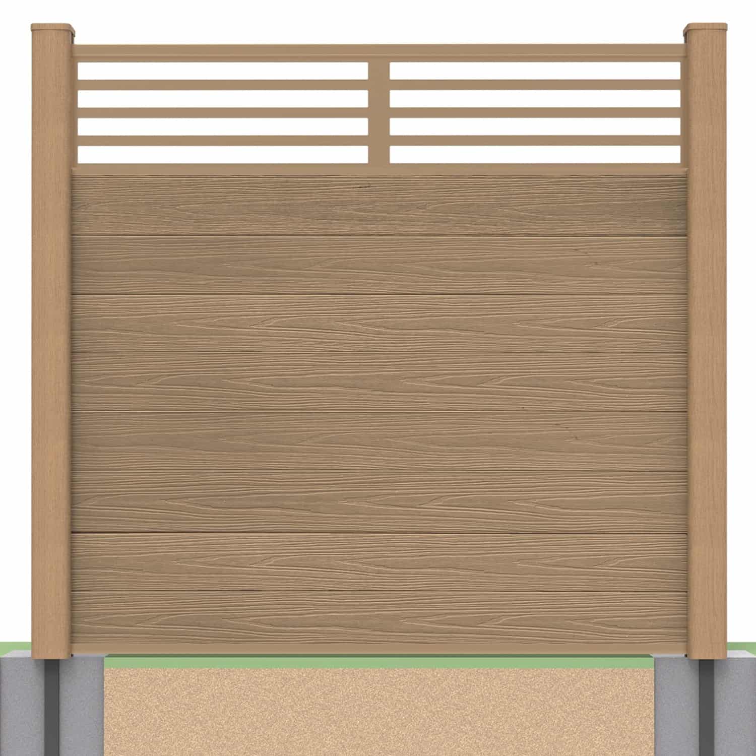 Deluxe composite fence panel set - linear design in teak with soft ground post inserts