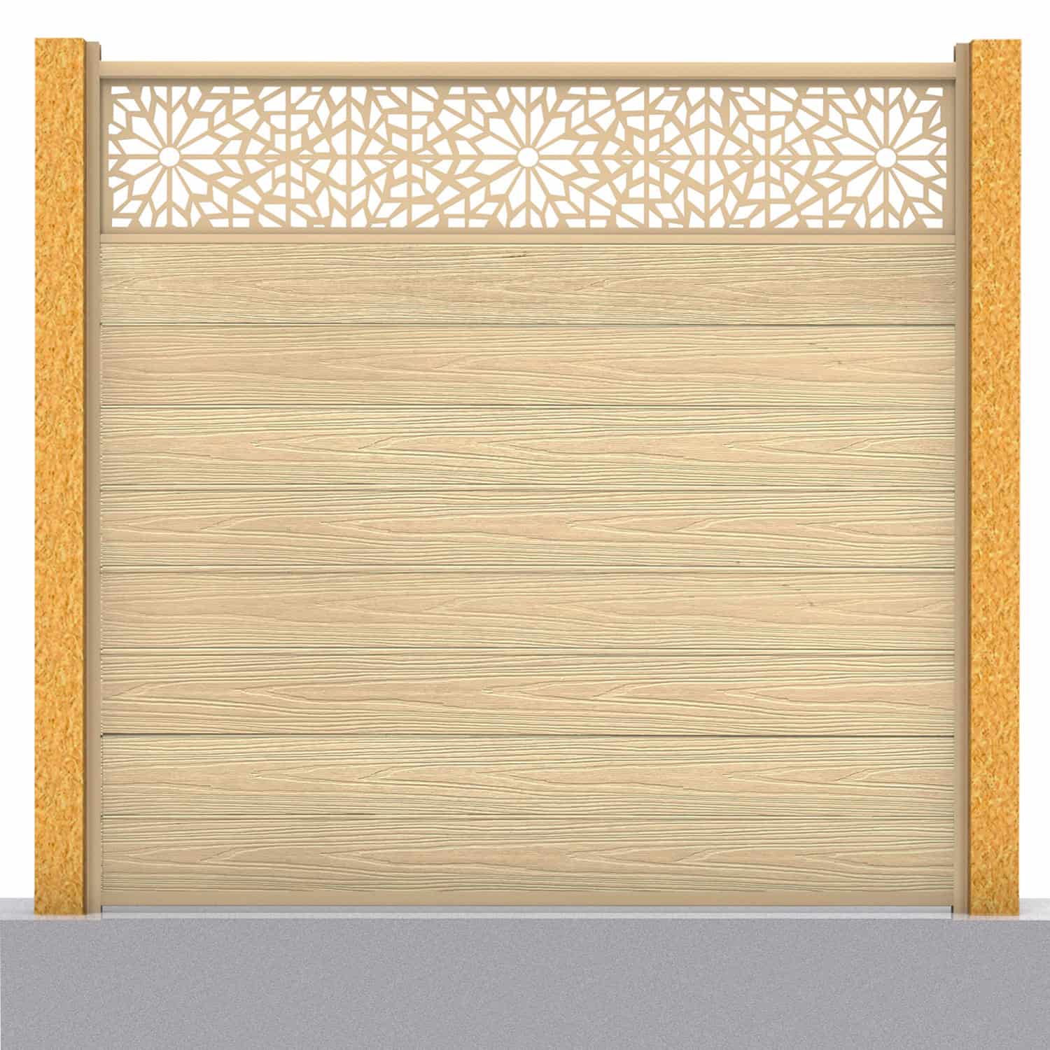 Deluxe composite fence panel set - geometric design in oak with wooden post inserts