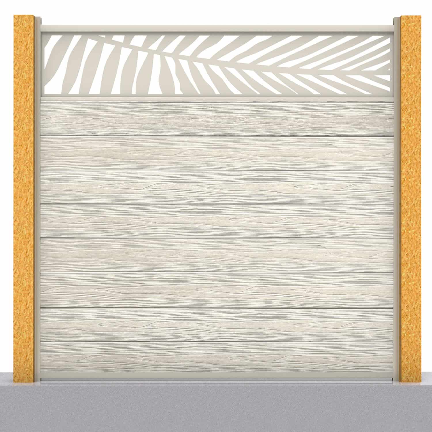 Deluxe composite fence panel set - leaf design in ash white with wooden post inserts