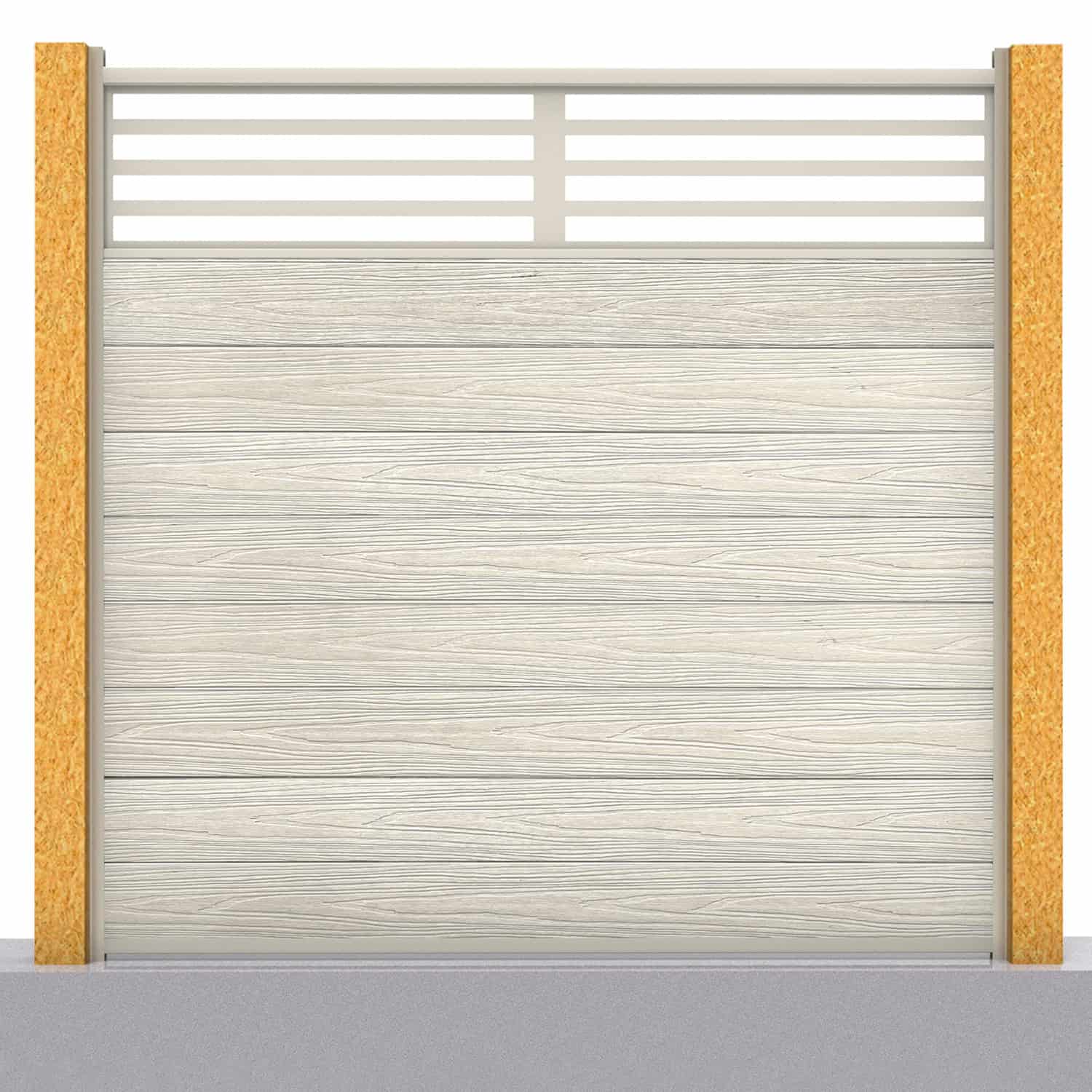 Deluxe composite fence panel set - linear design in ash white with wooden post inserts