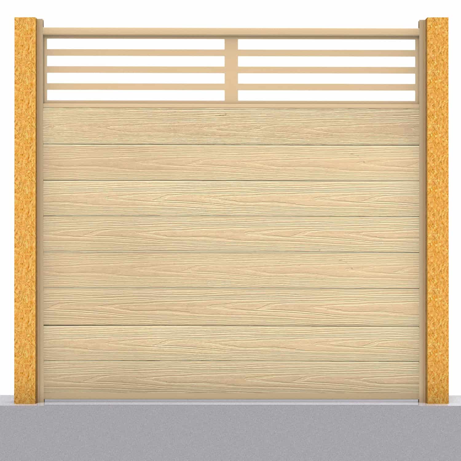 Deluxe composite fence panel set - linear design in oak with wooden post inserts