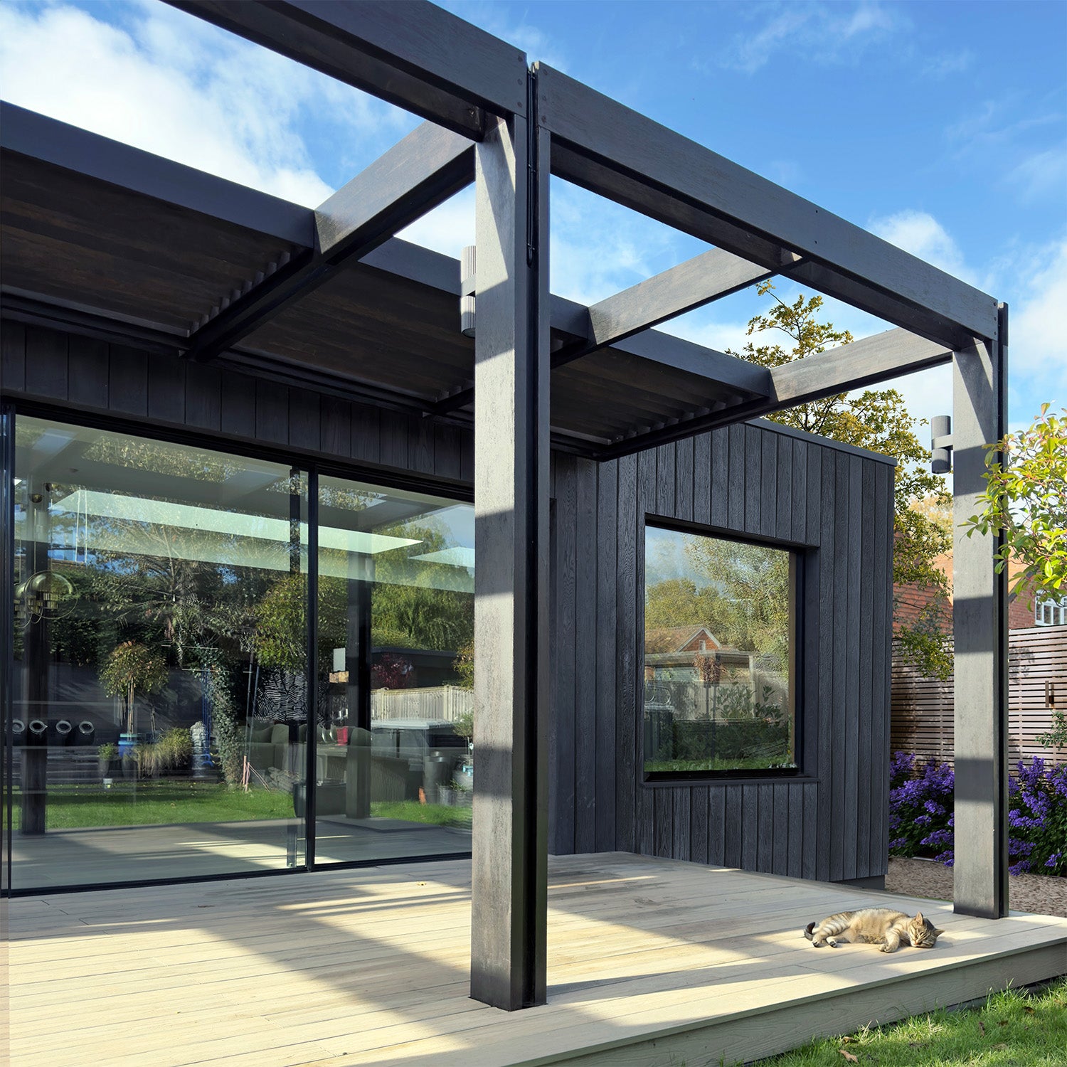 A modern black garden room with vertical cladding and large glass doors, featuring a NeoTimber composite decking area under a dark timber pergola frame with a cat sleeping in the sun.