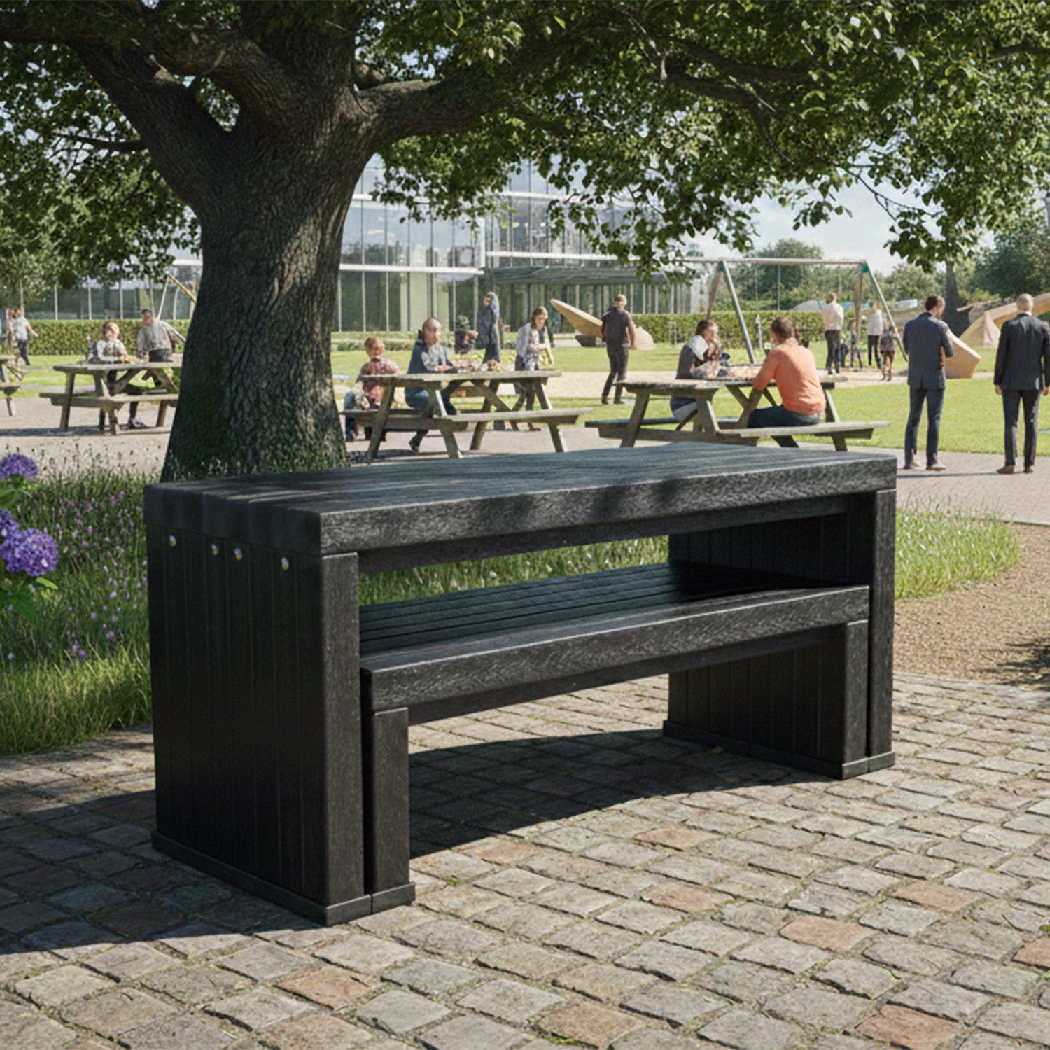 Recycled Plastic Space Saver Table & Bench Set - Integrated configuration