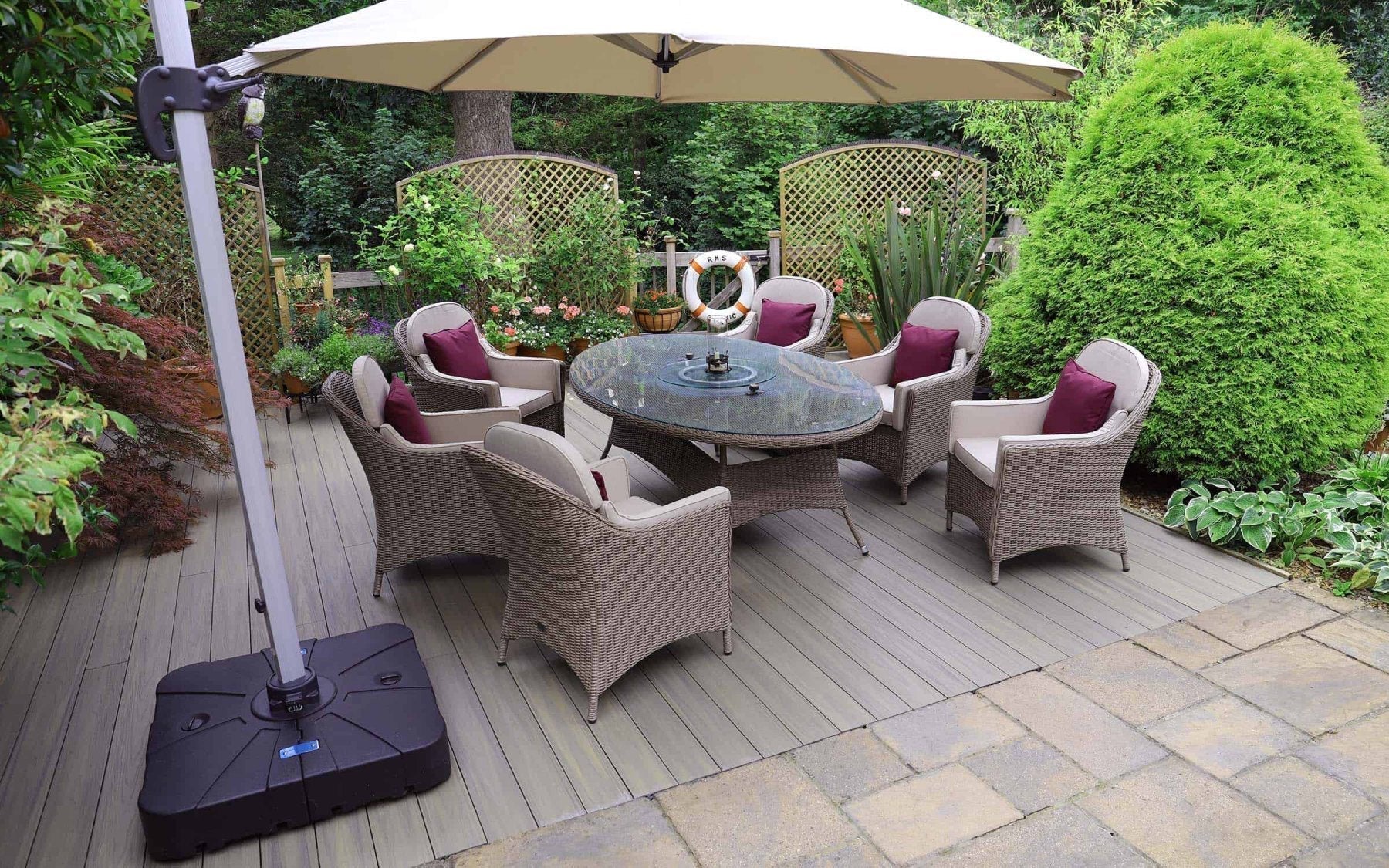 Composite decking space with furniture. 