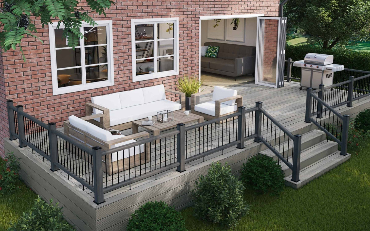Grey composite antique deck with steps and balustrades overlooking garden.  