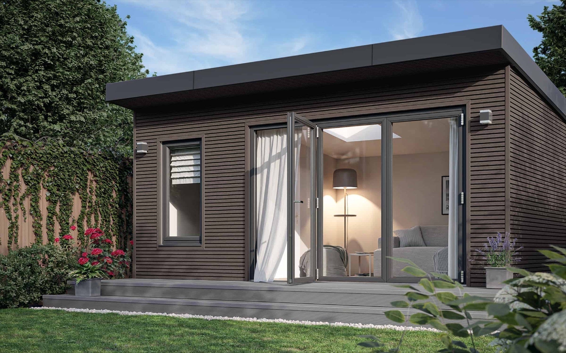 NeoTimber slatted chocolate cladding fitted to a garden room.  