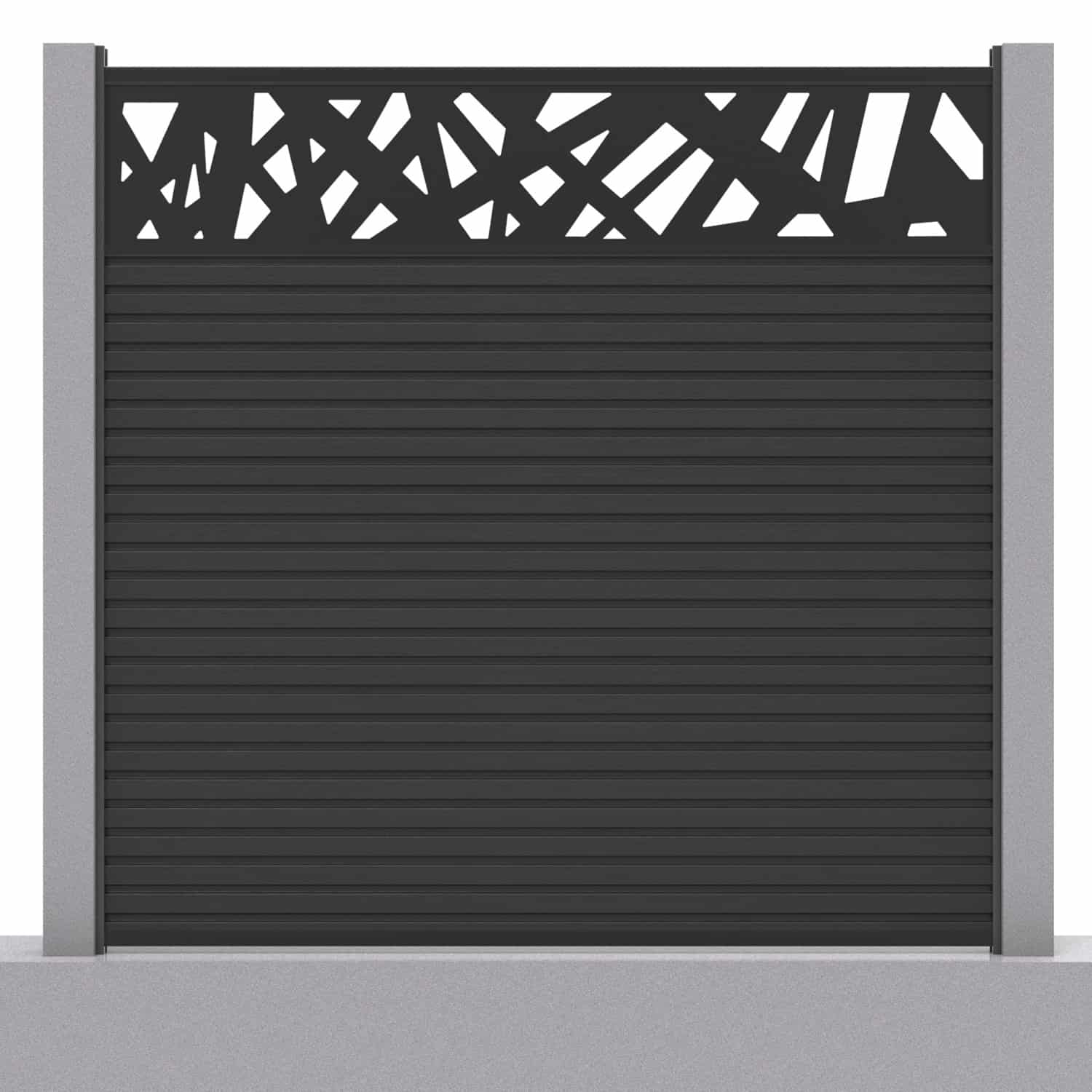 Slatted composite fence panel set - contemporary design in charcoal with concrete post inserts