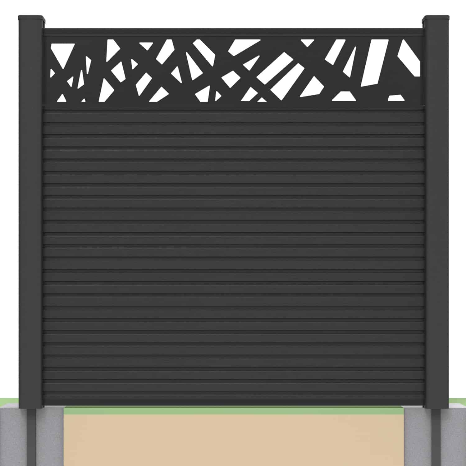 Slatted composite fence panel set - contemporary design in charcoal with soft ground post inserts