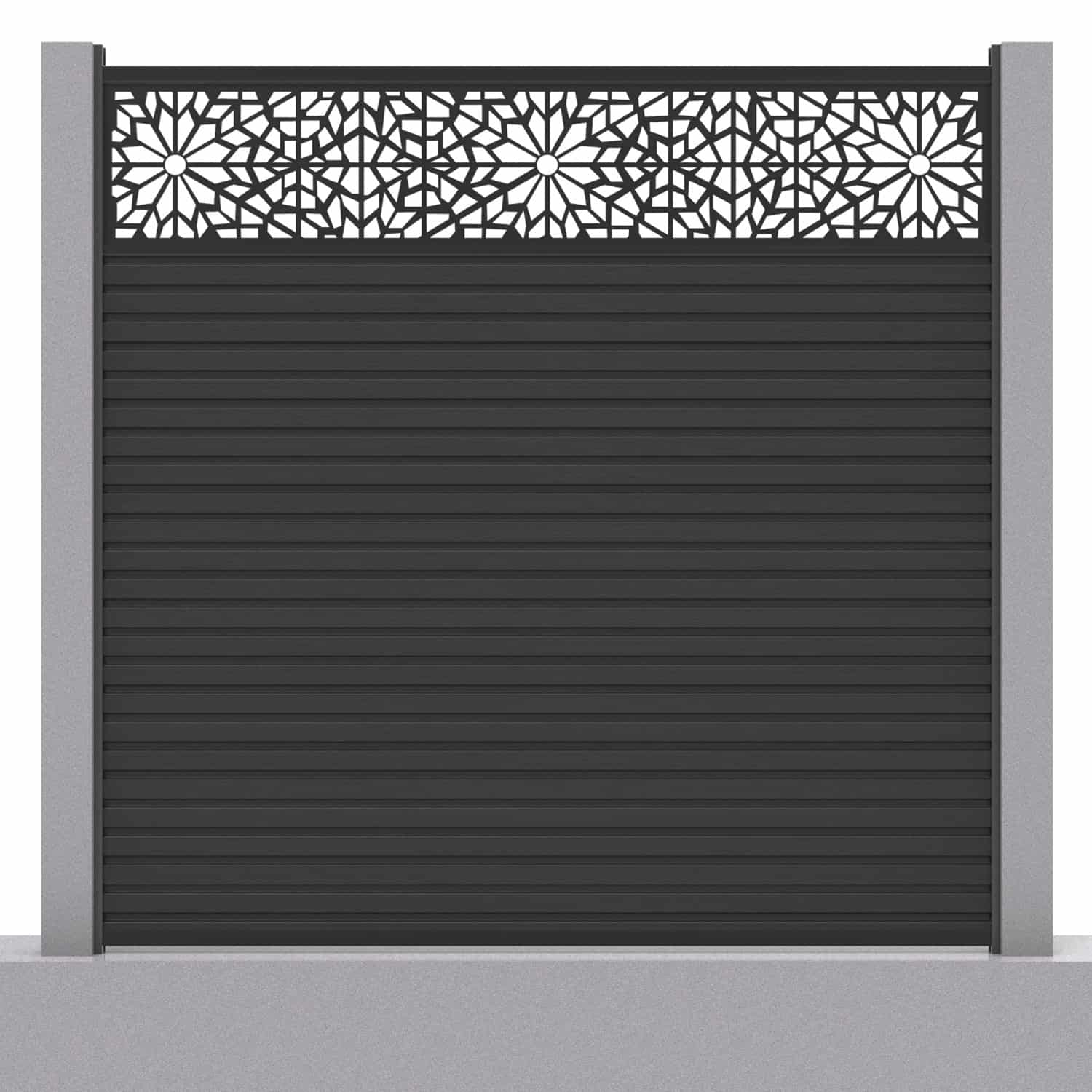 Slatted composite fence panel set - geometric design in charcoal with concrete post inserts