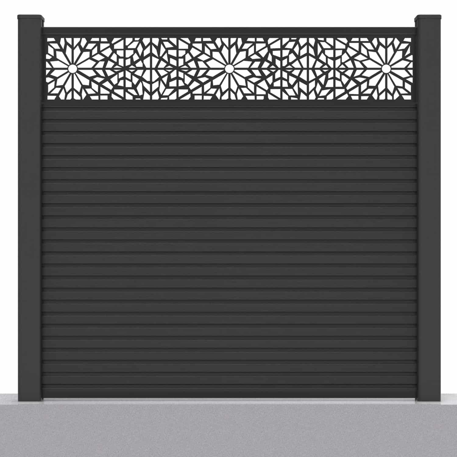 Slatted composite fence panel set - geometric design in charcoal with hard ground post inserts