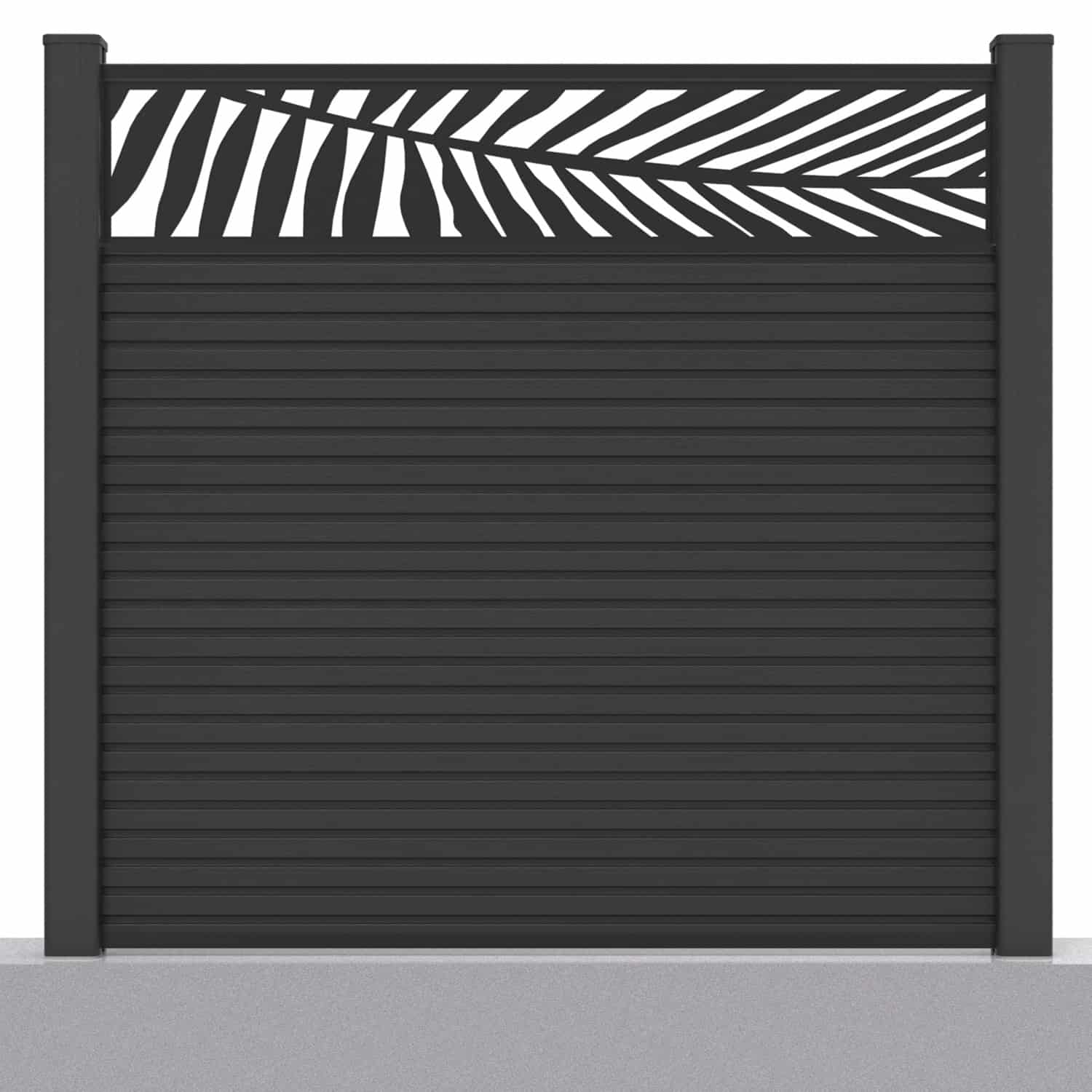 Slatted composite fence panel set - leaf design in charcoal with hard ground post inserts