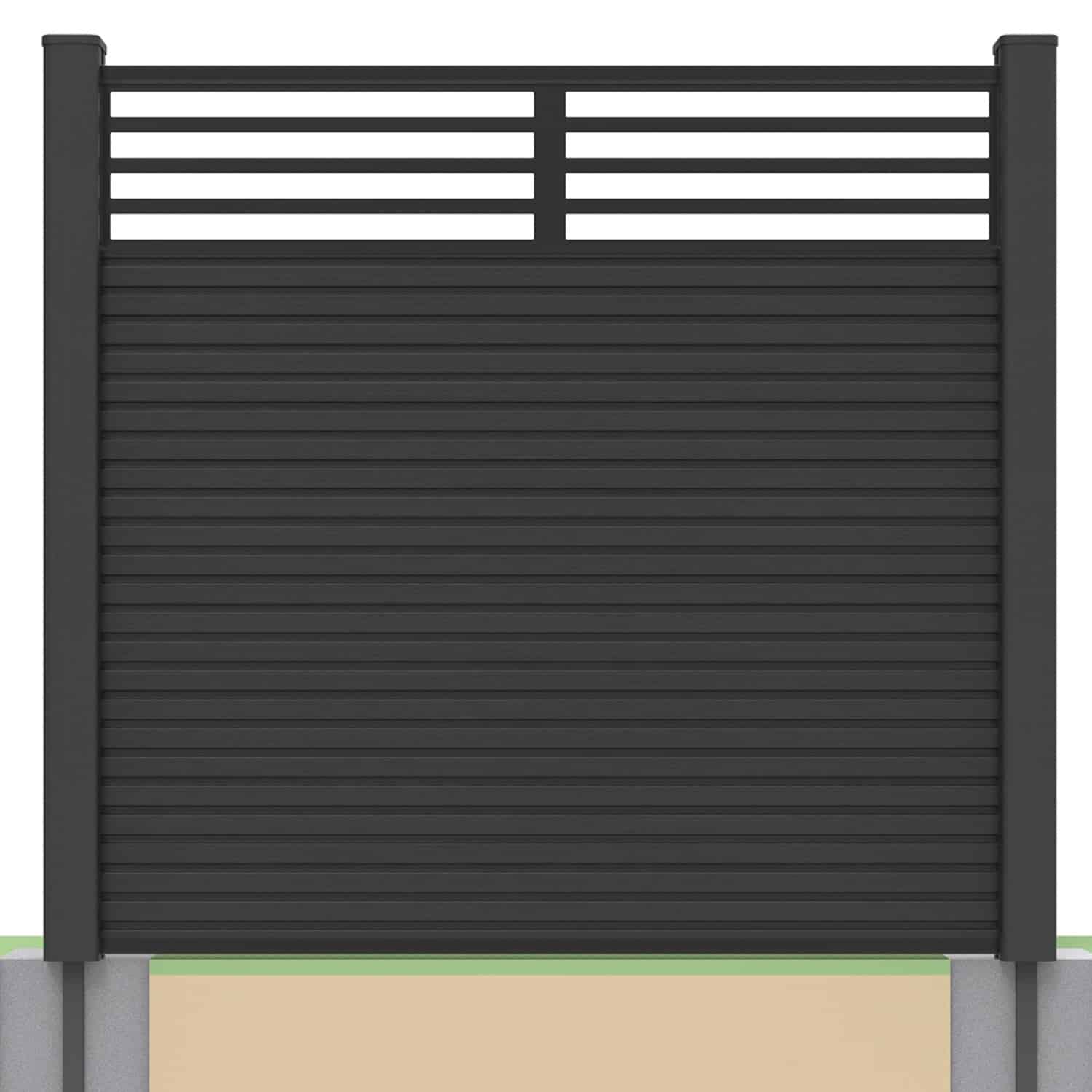 Slatted composite fence panel set - linear design in charcoal with soft ground post inserts