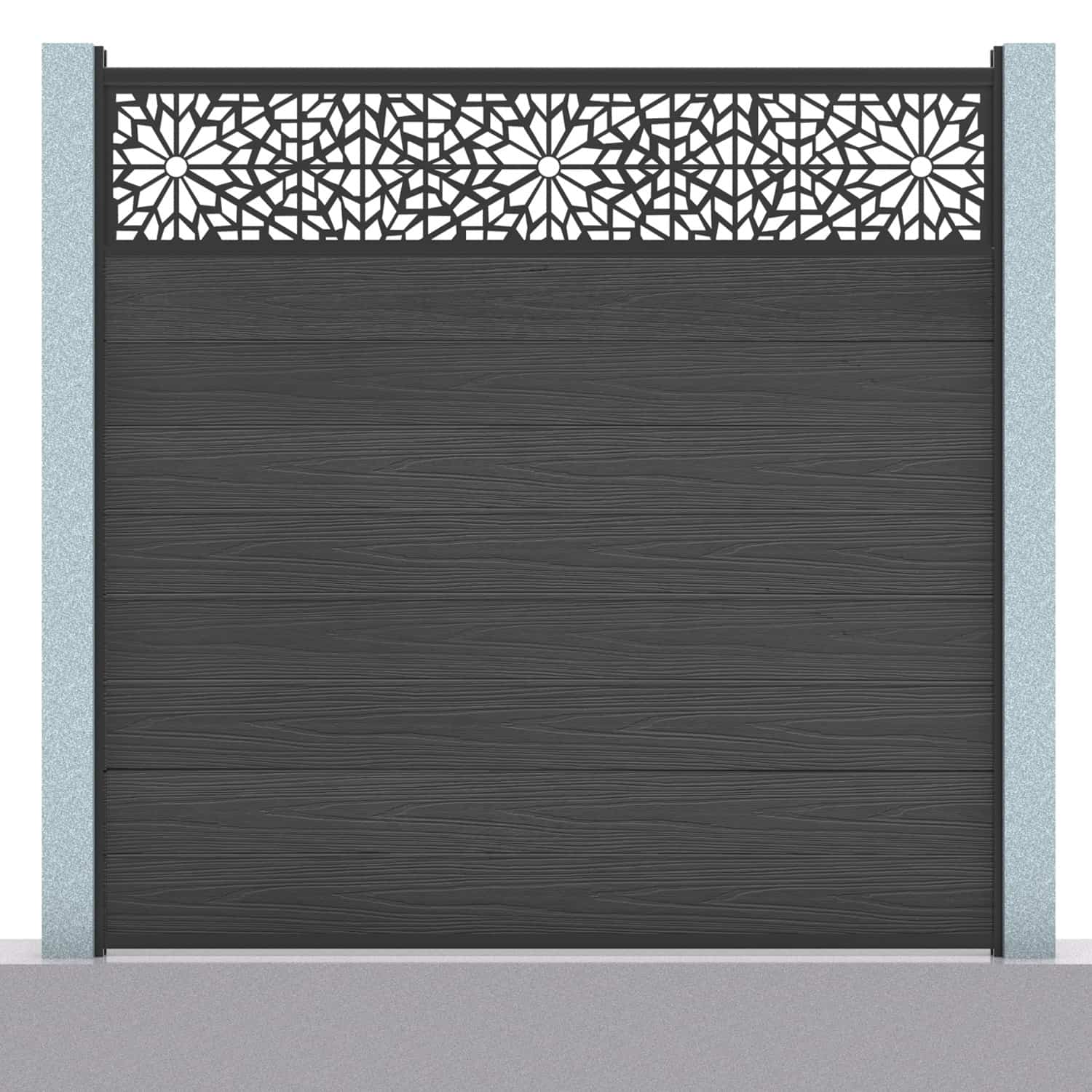 Deluxe composite fence panel set - geometric design in charcoal with concrete post inserts