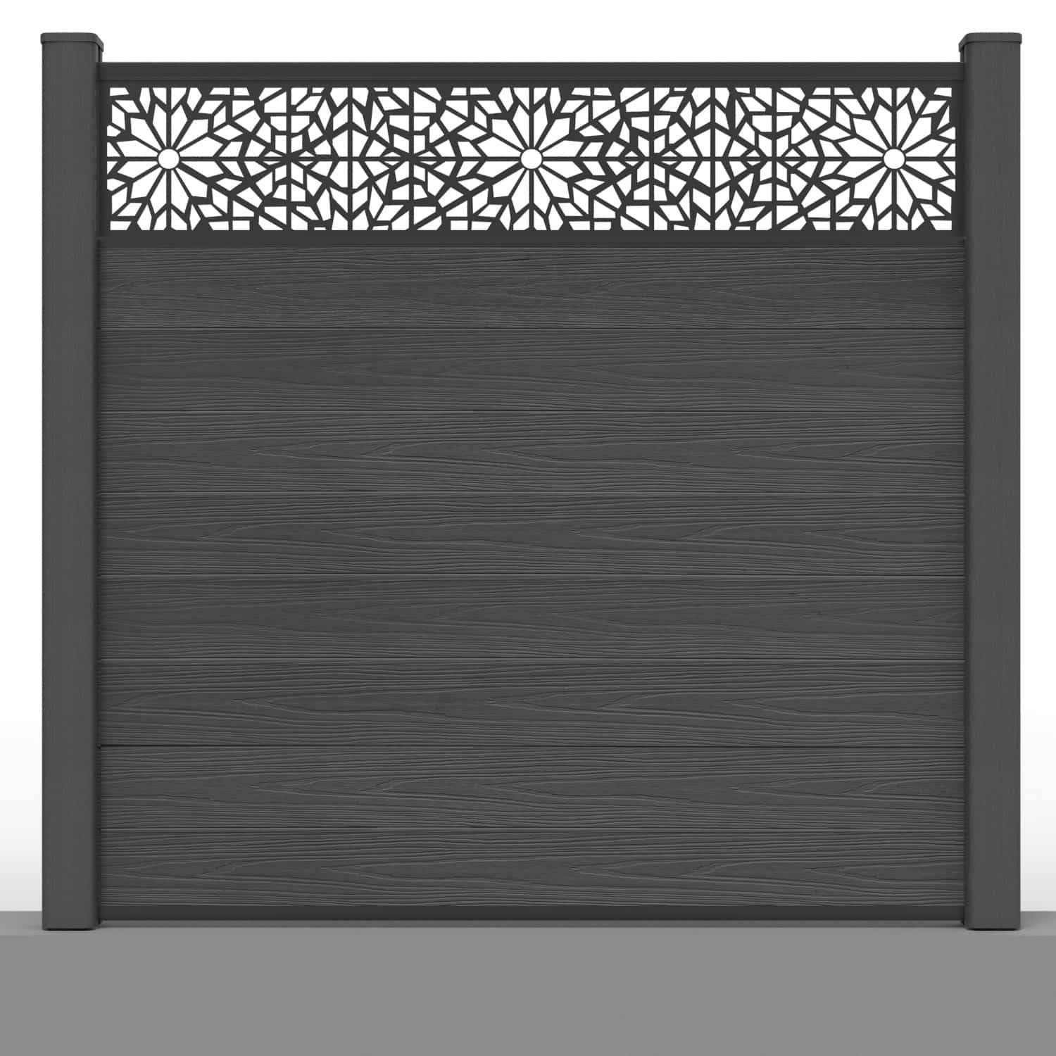 Deluxe composite fence panel set - geometric design in charcoal with hard ground post inserts