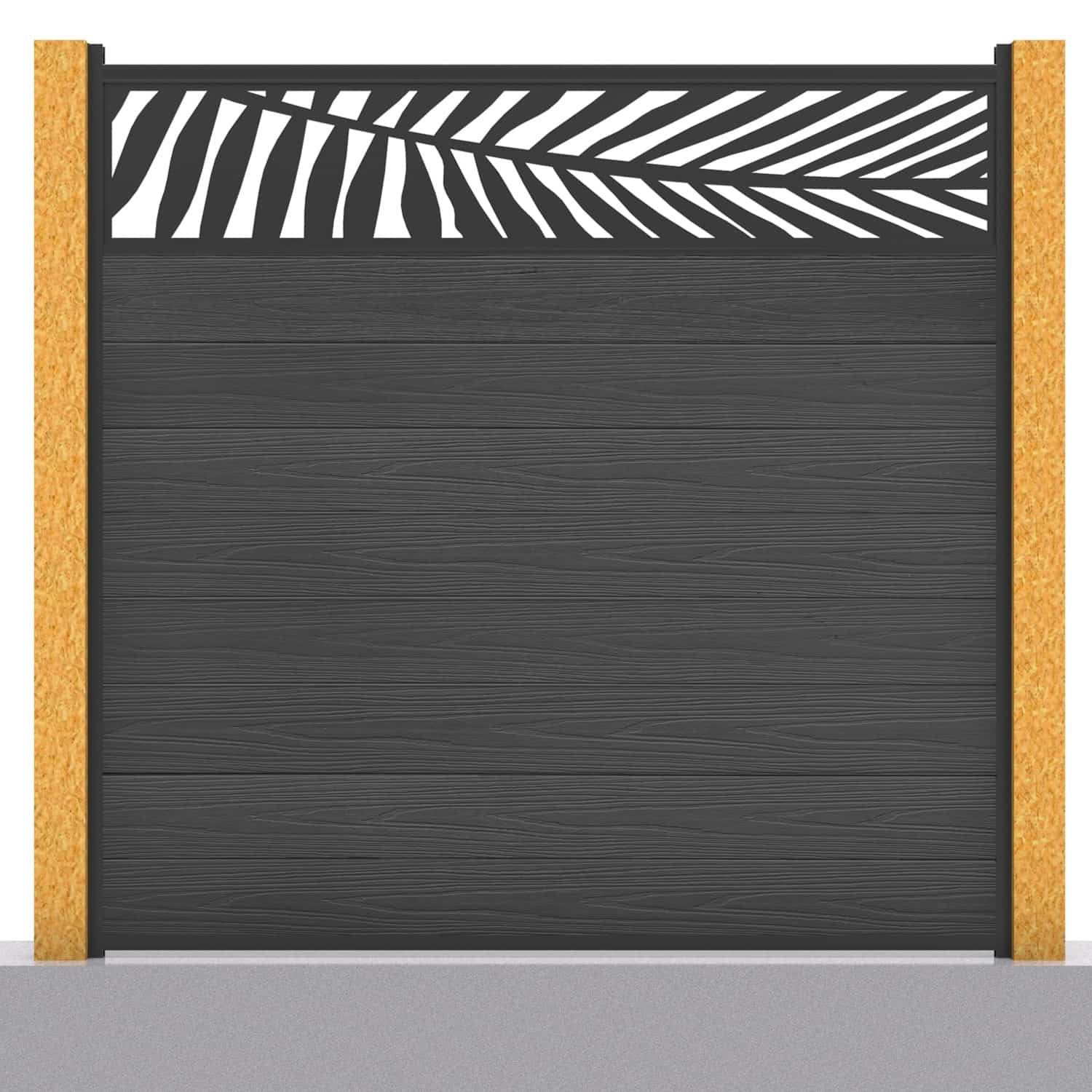 Deluxe composite fence panel set - leaf design in charcoal with wooden post inserts