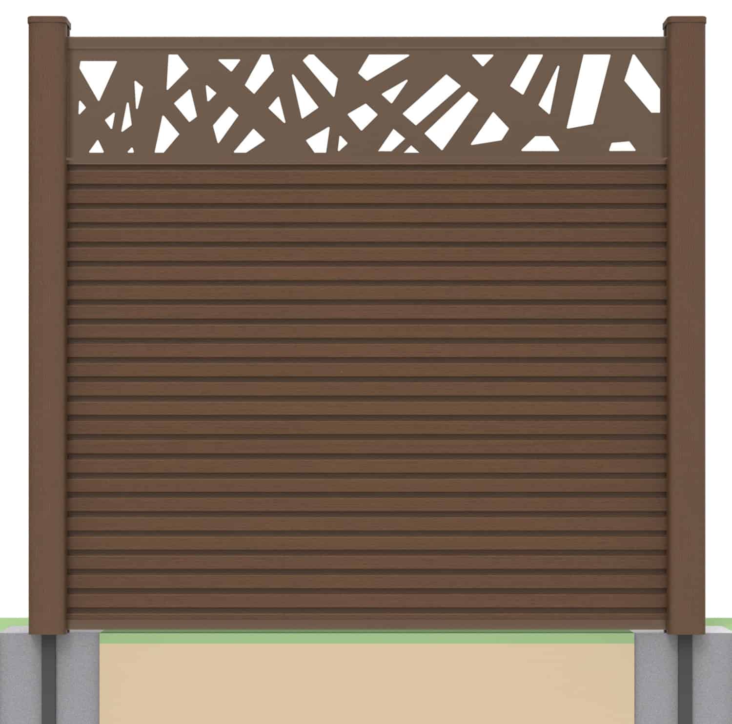 Slatted composite fence panel set - contemporary design in chocolate with soft ground post inserts
