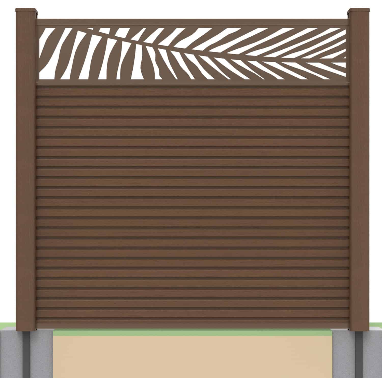 Slatted composite fence panel set - leaf design in chocolate with soft ground post inserts