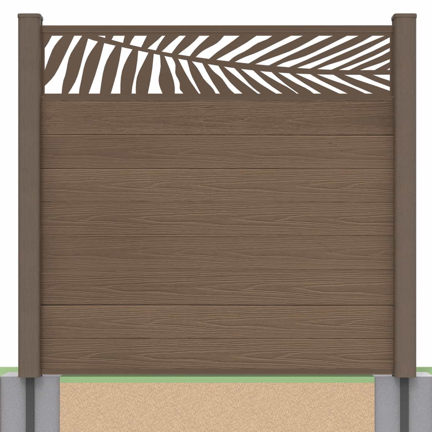Deluxe composite fence panel set - leaf design in chocolate with soft ground post inserts