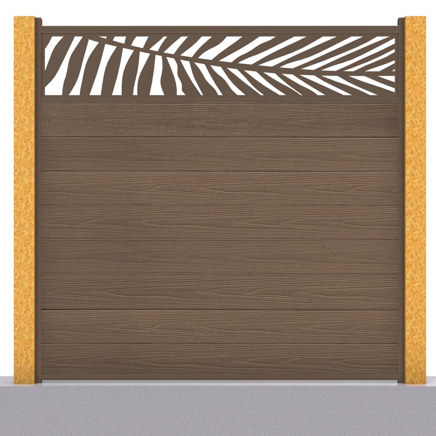 Deluxe composite fence panel set - leaf design in chocolate with wooden post inserts