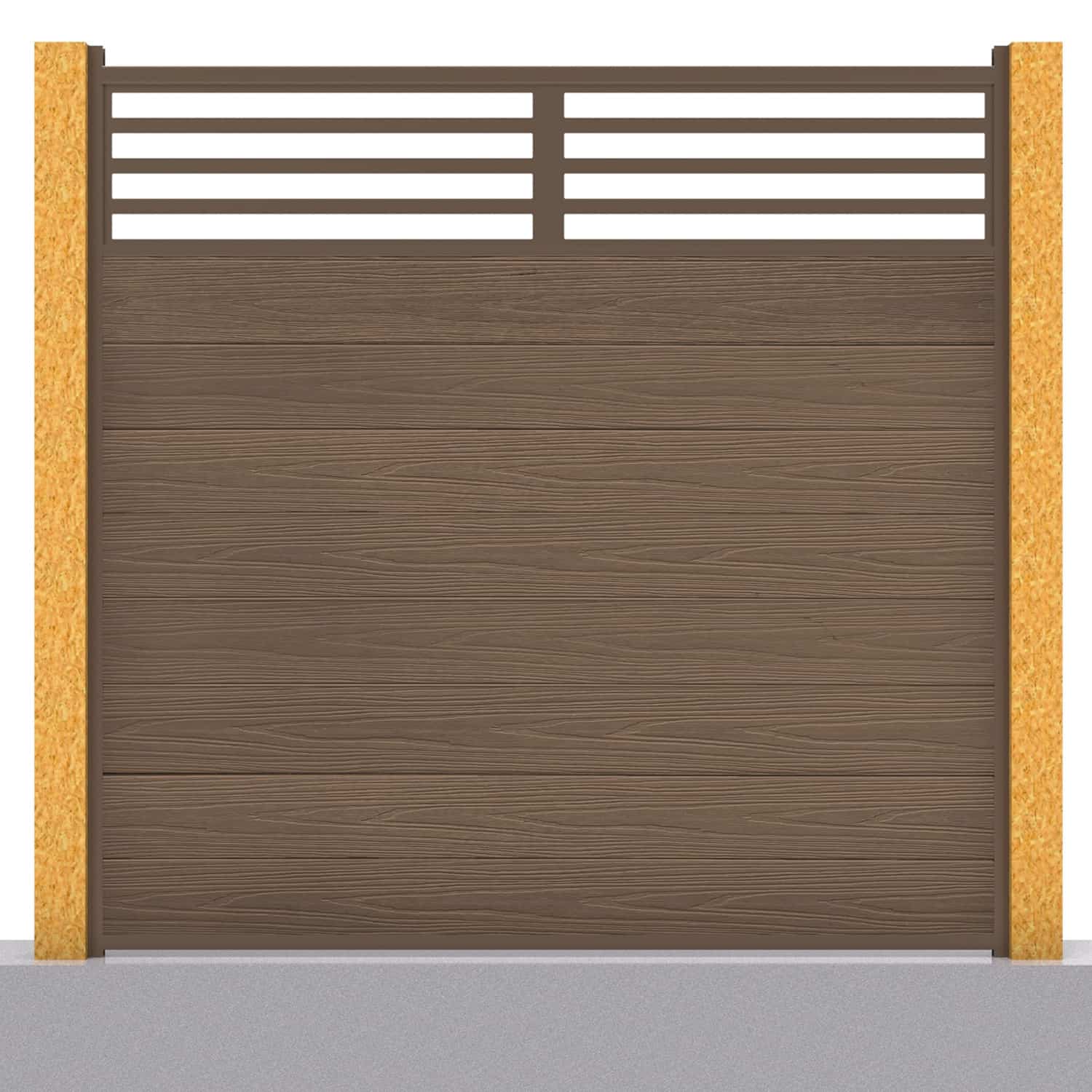 Deluxe composite fence panel set - linear design in chocolate with wooden post inserts