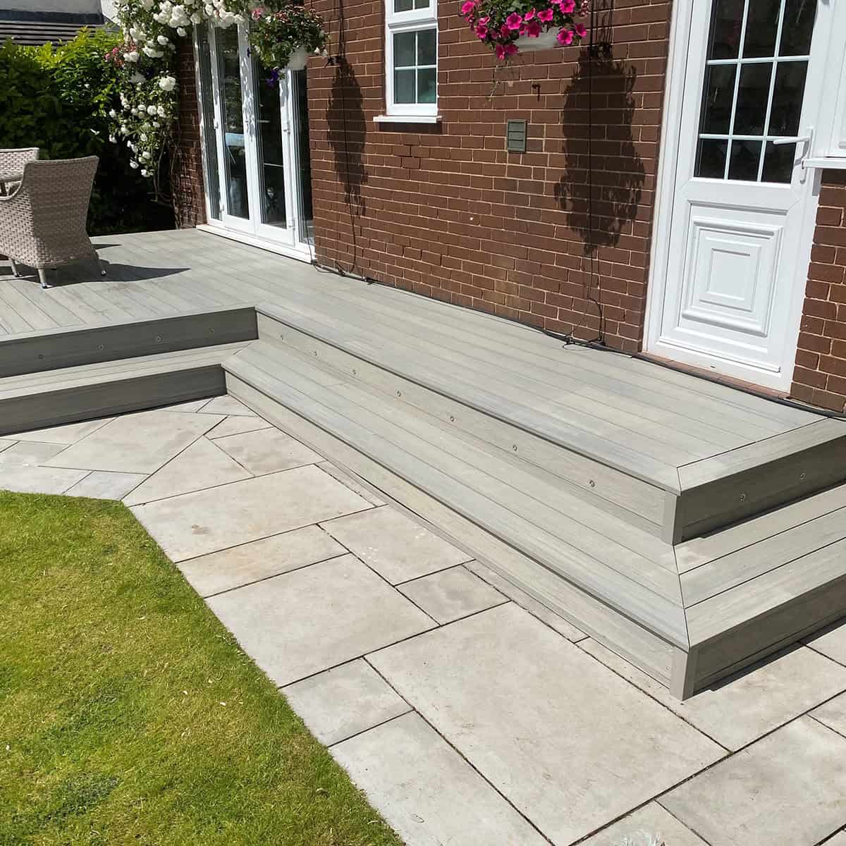 NeoTimber Deluxe Hollow Composite Decking – Silver Birch – Lifestyle Deck View