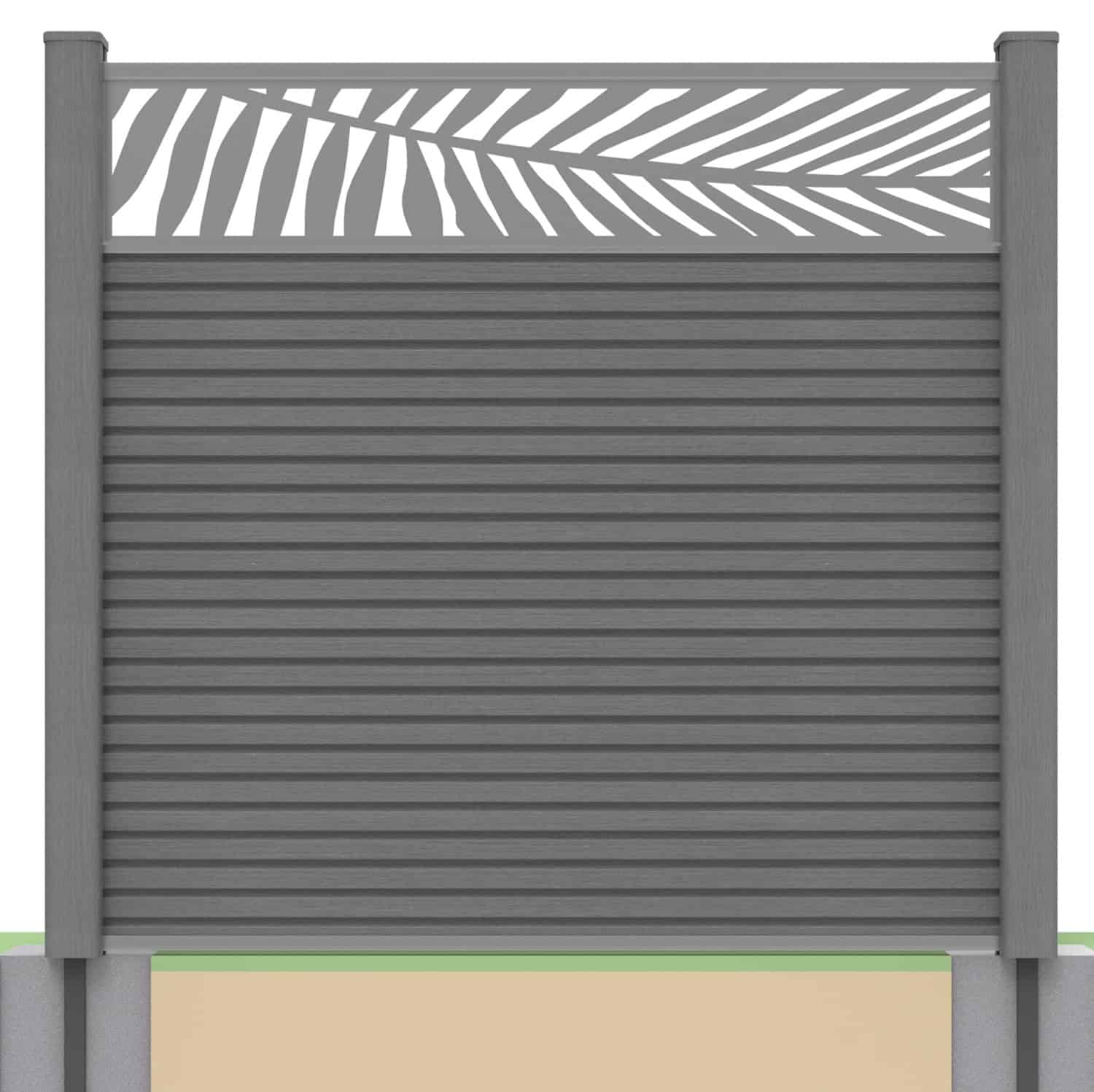 Slatted composite fence panel set - leaf design in grey with soft ground post inserts