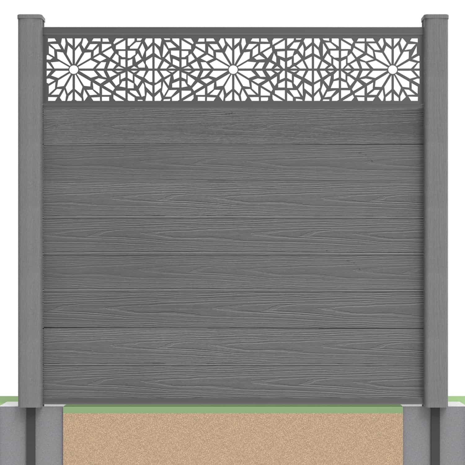 Deluxe composite fence panel set - geometric design in grey with soft ground post inserts