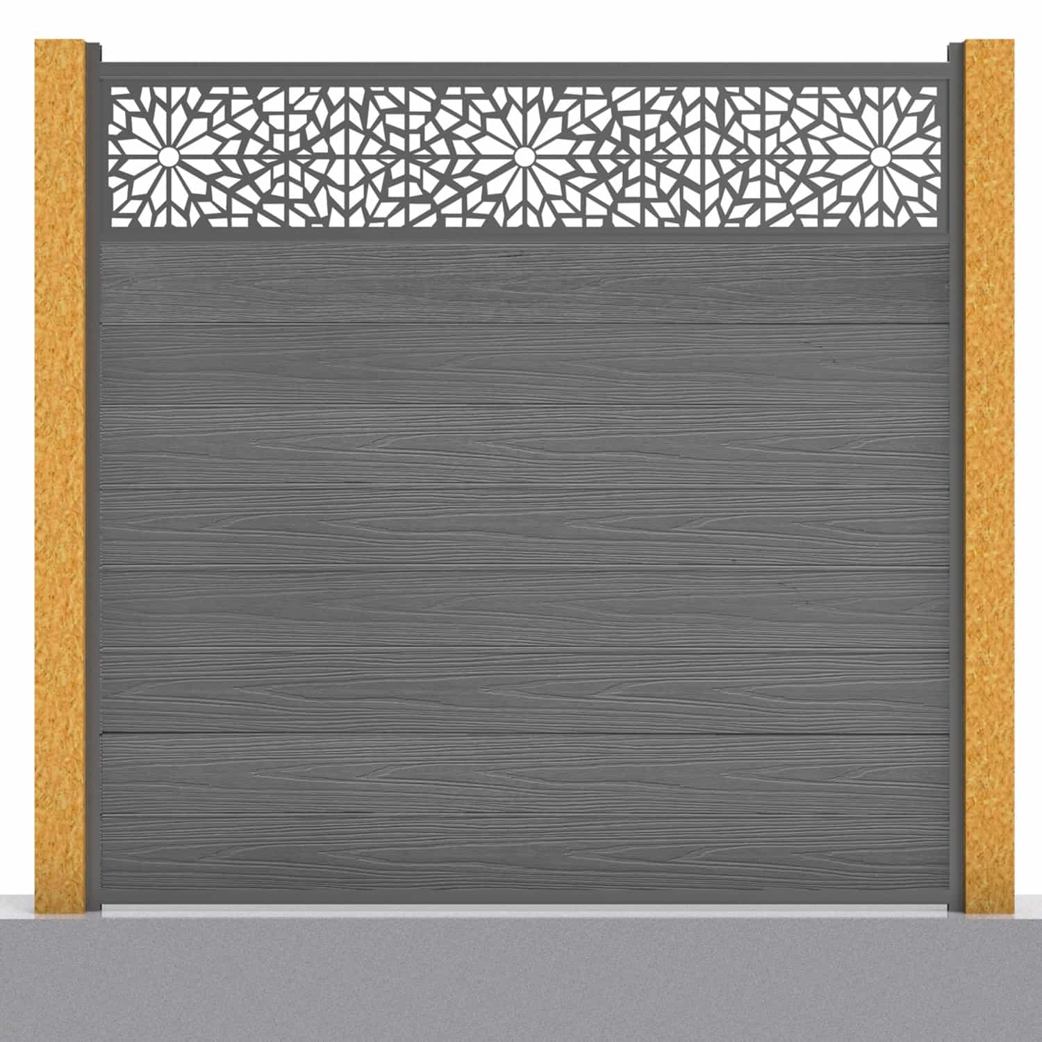 Deluxe composite fence panel set - geometric design in grey with wooden post inserts