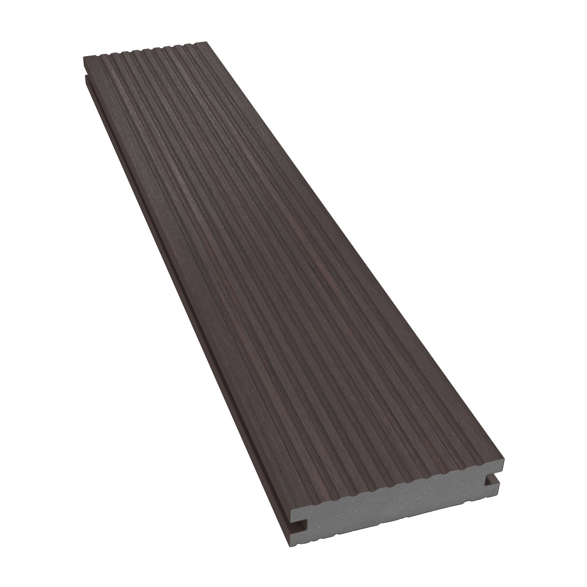 NeoTimber Deluxe Narrow Composite Decking Board – Chocolate – Angled Close Up - Grooved
