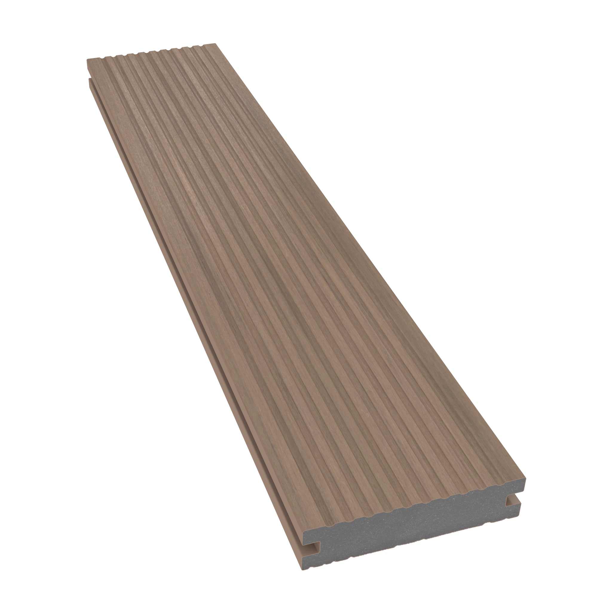NeoTimber Deluxe Narrow Composite Decking Board – Oak – Angled Close Up - Grooved