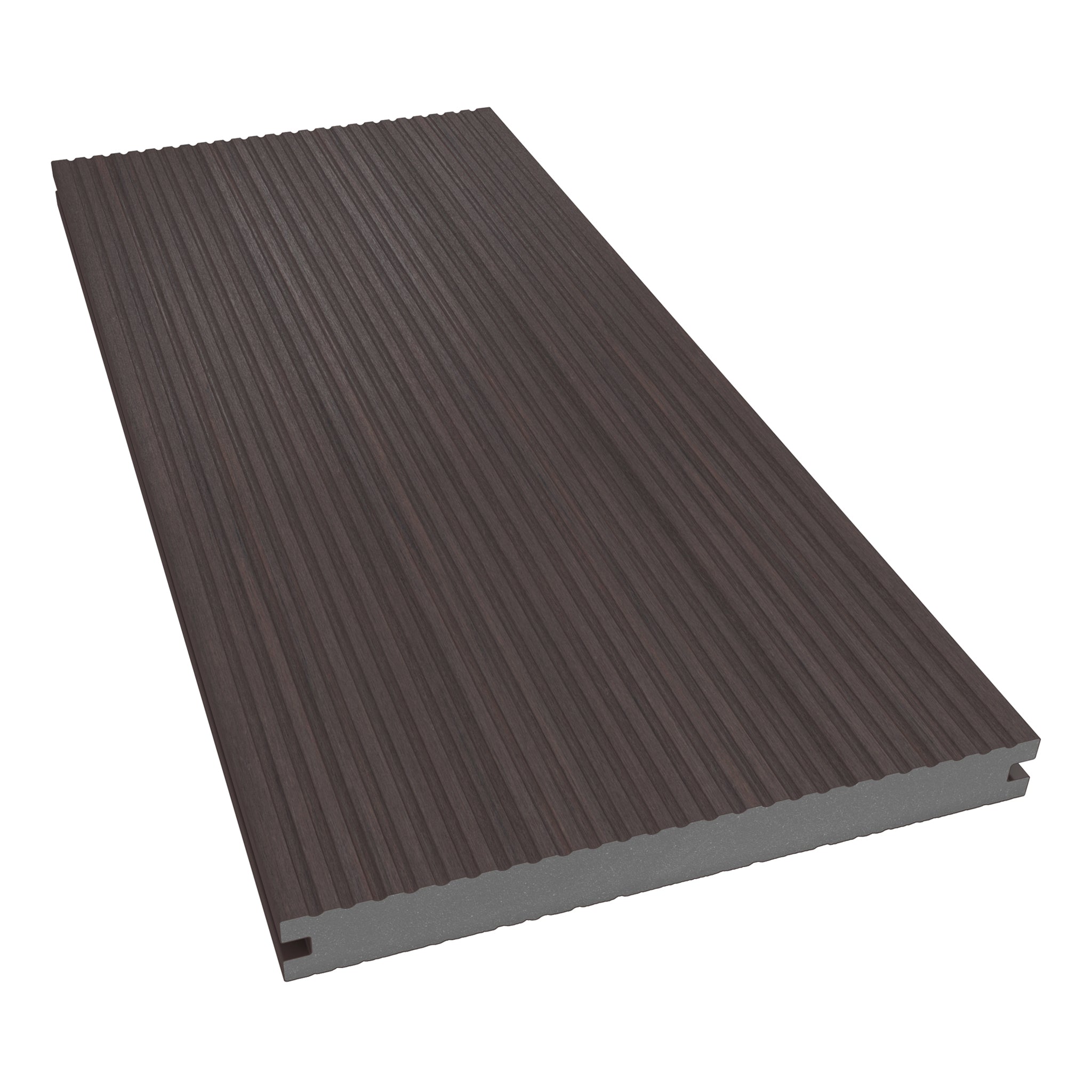 NeoTimber Deluxe Wide Composite Decking Board – Chocolate – Angled Close Up - Grooved