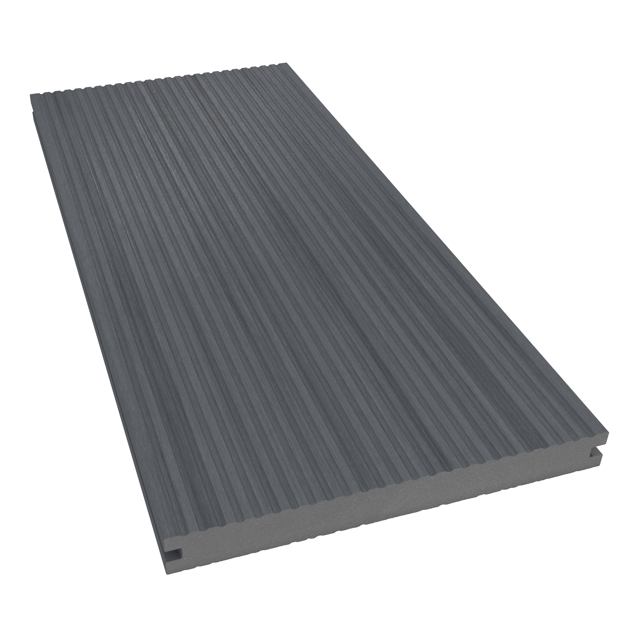 NeoTimber Deluxe Wide Composite Decking Board – Grey  – Angled Close Up - Grooved