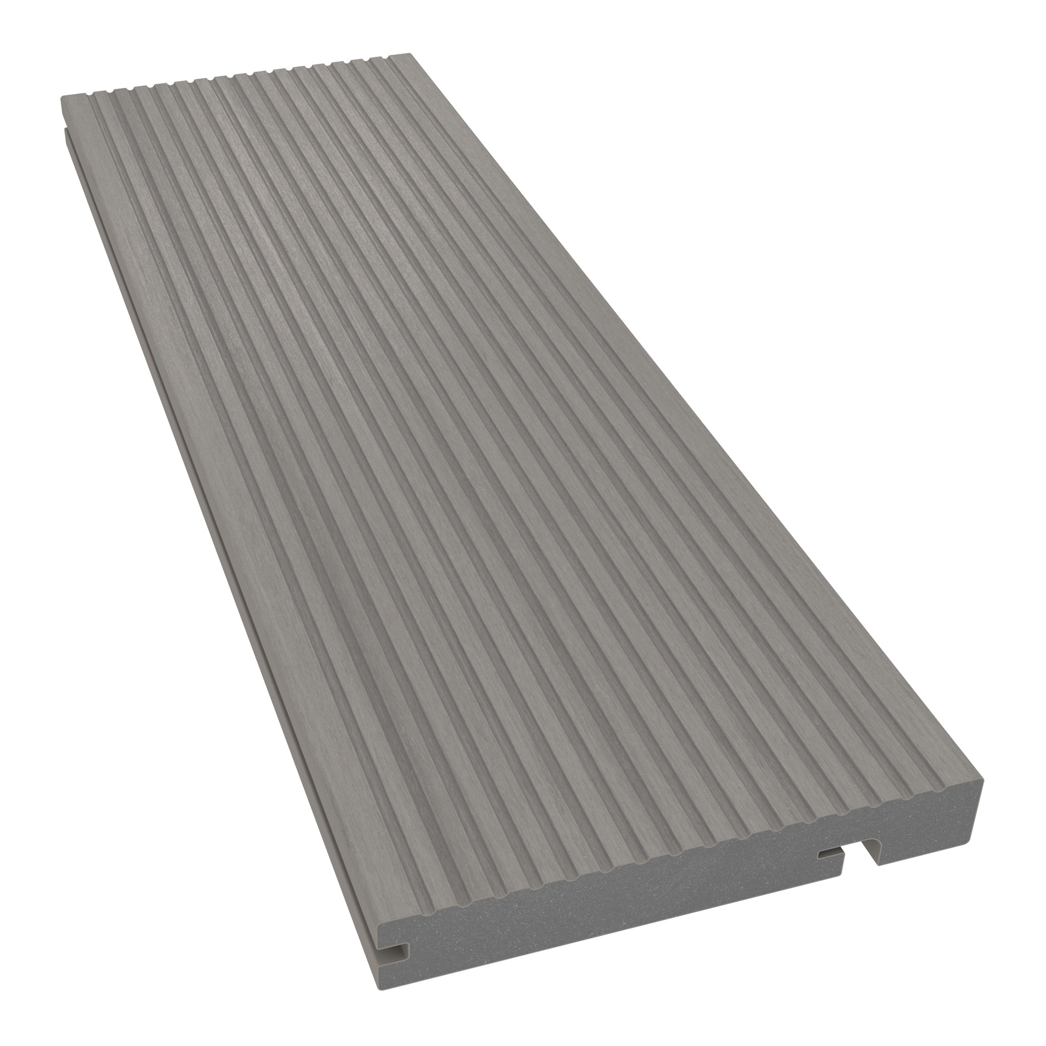 NeoTimber Deluxe Grooved Composite Decking Edge Board – Silver Birch – Angled Close Up