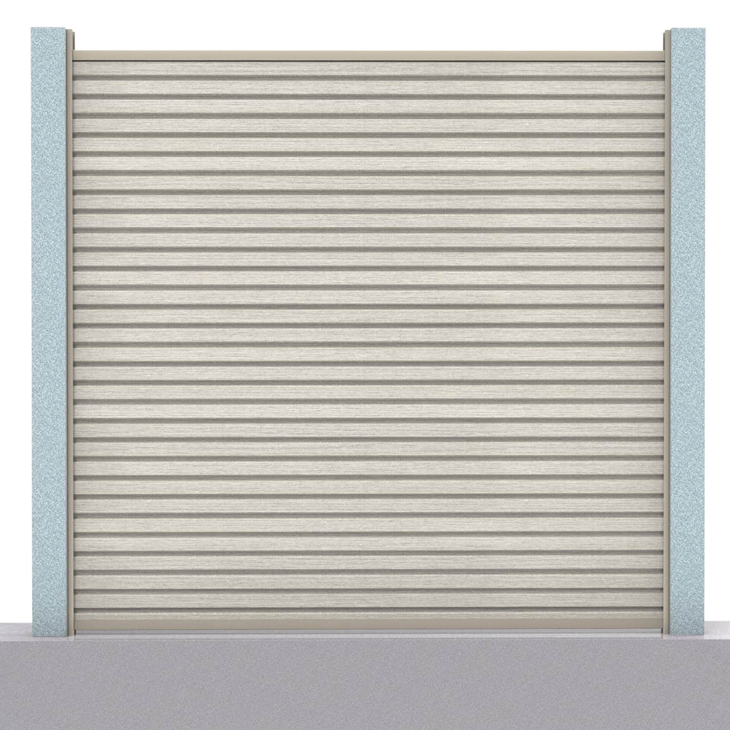 Slatted composite fence panel set in ash white with concrete post inserts
