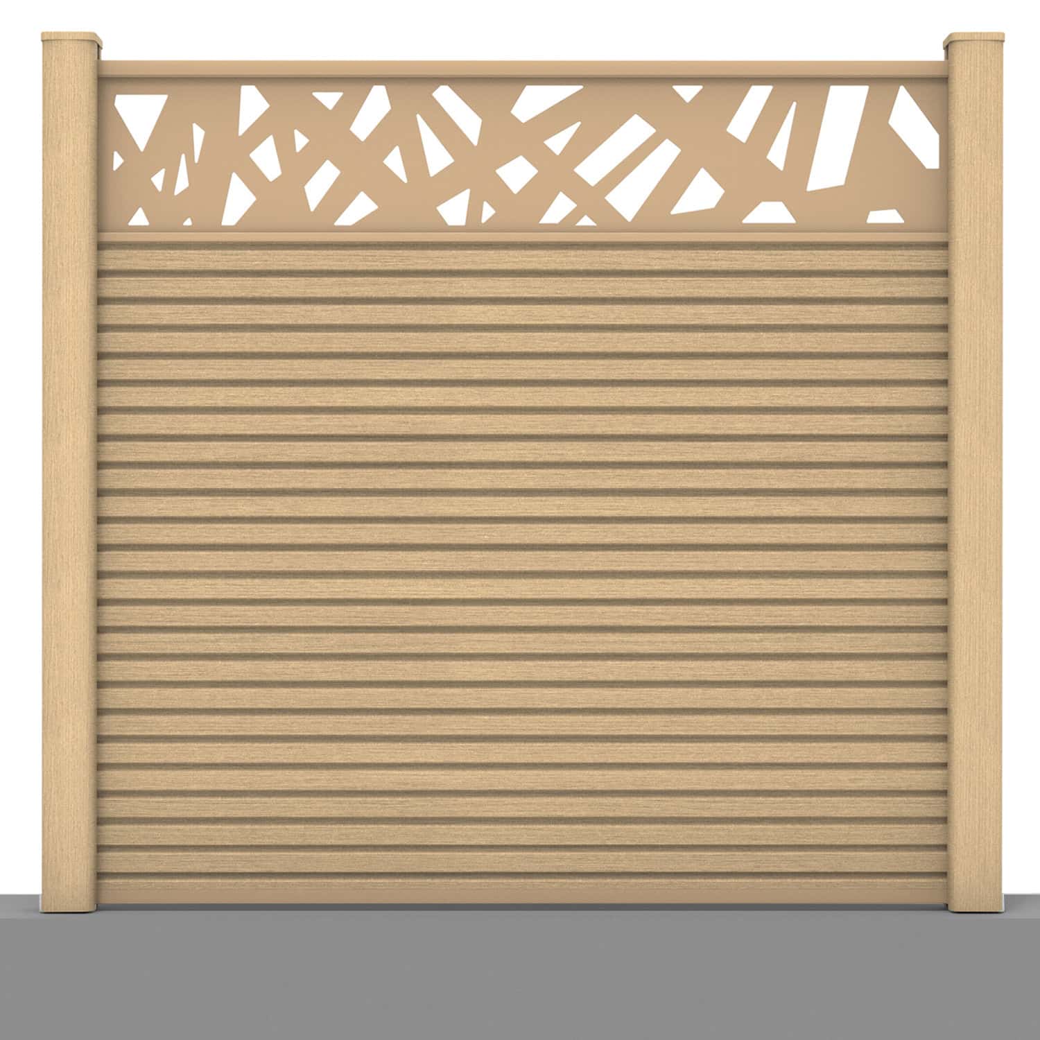 Slatted composite fence panel set - contemporary design in oak with hard ground post inserts