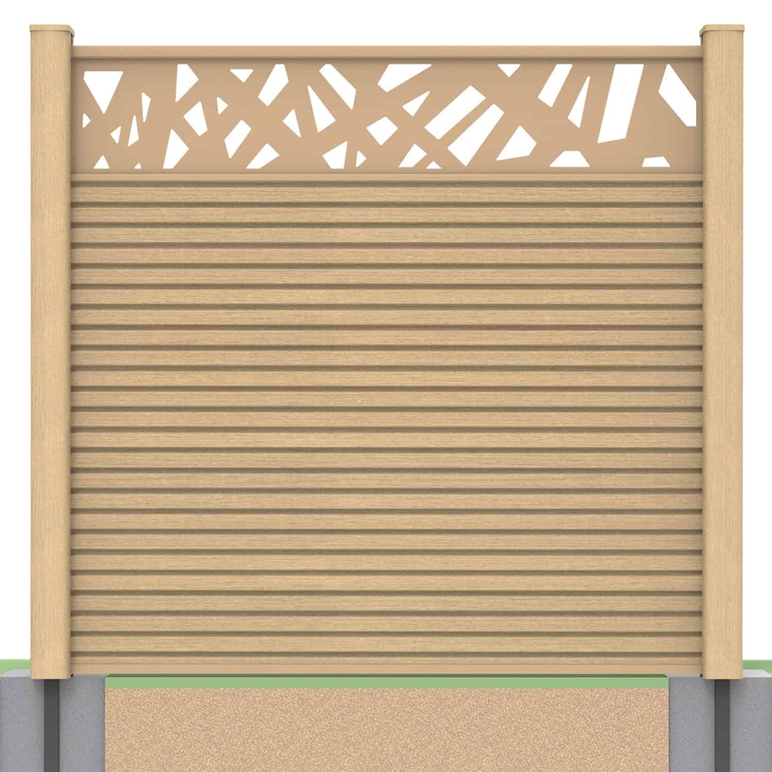 Slatted composite fence panel set - contemporary design in oak with soft ground post inserts