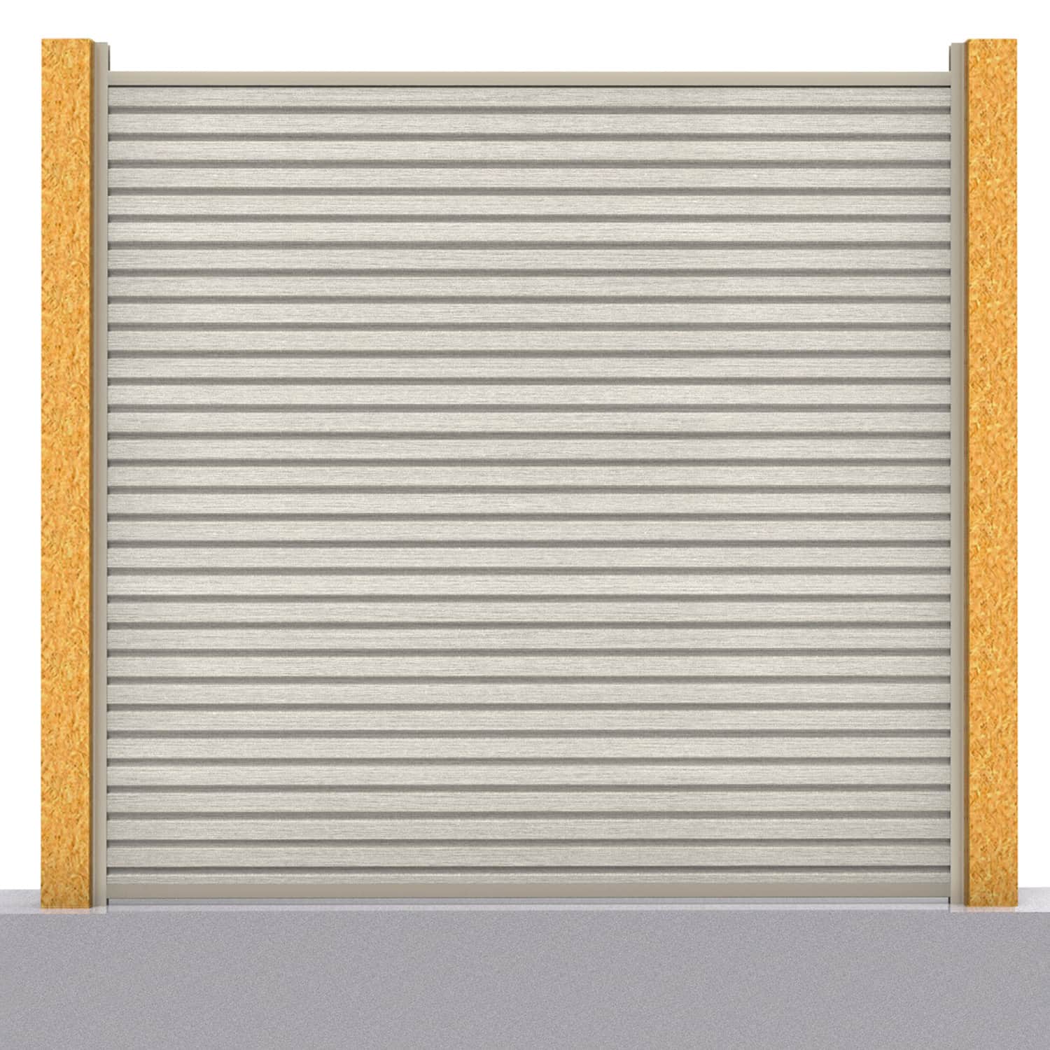 Slatted composite fence panel set in ash white with wooden post inserts