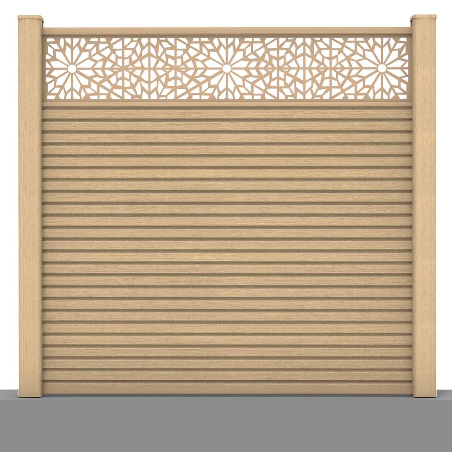 Slatted composite fence panel set - geometric design in oak with hard ground post inserts
