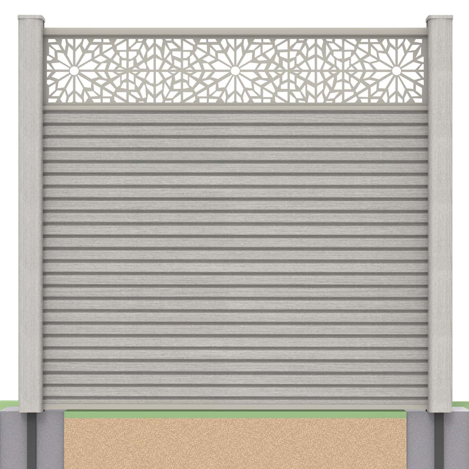 Slatted composite fence panel set - geometric design in silver birch with soft ground post inserts
