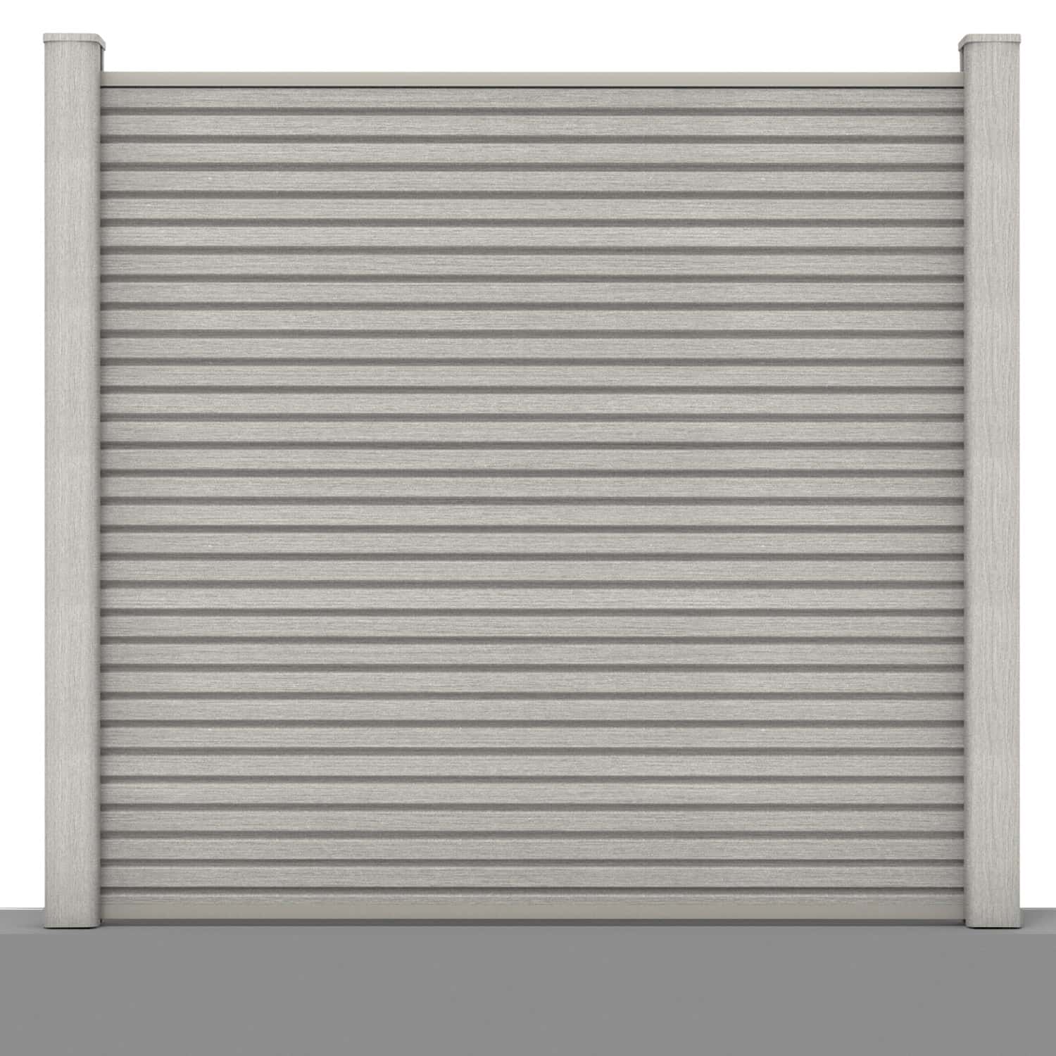 Slatted composite fence panel set in silver birch with hard ground post inserts