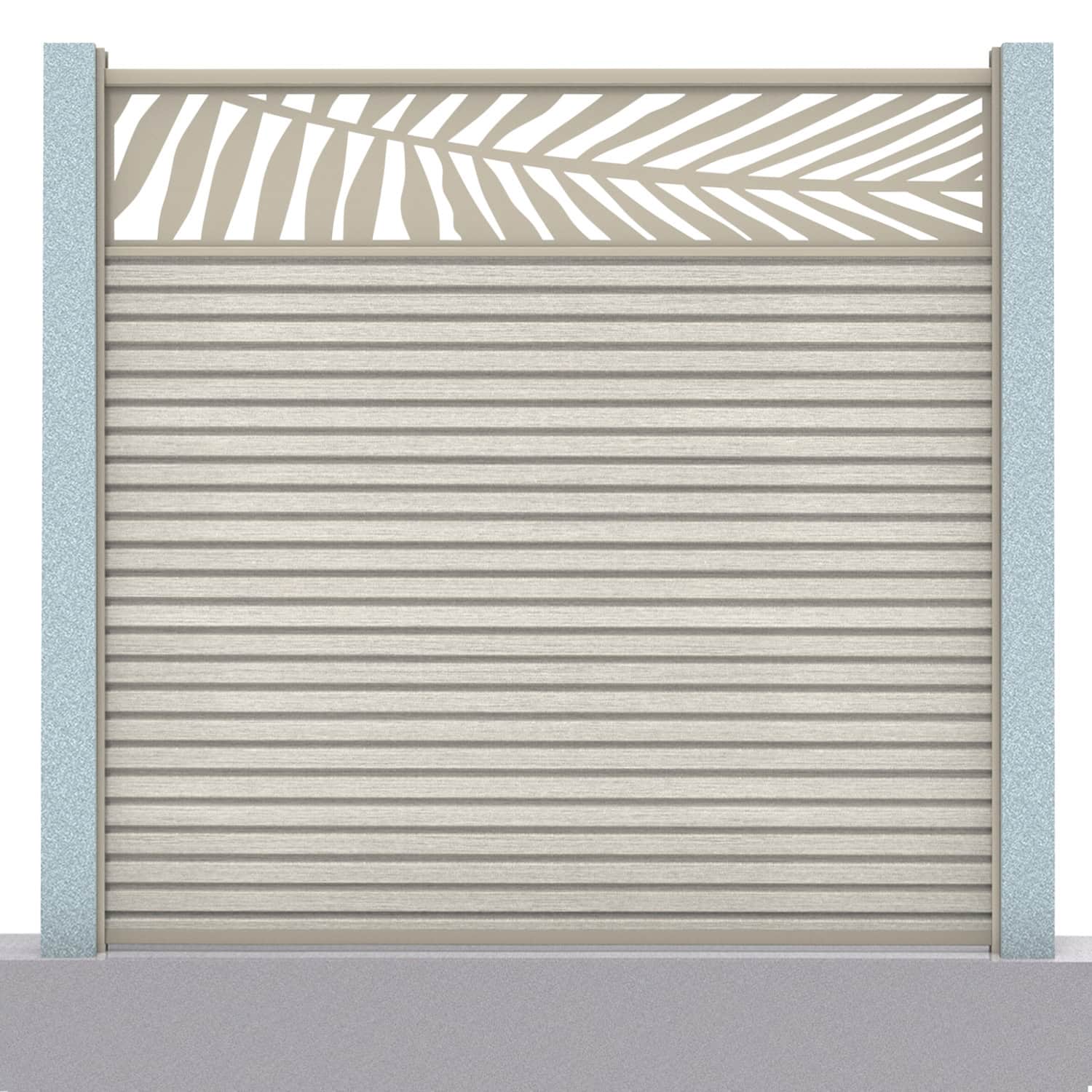 Slatted composite fence panel set - leaf design in ash white with concrete post inserts