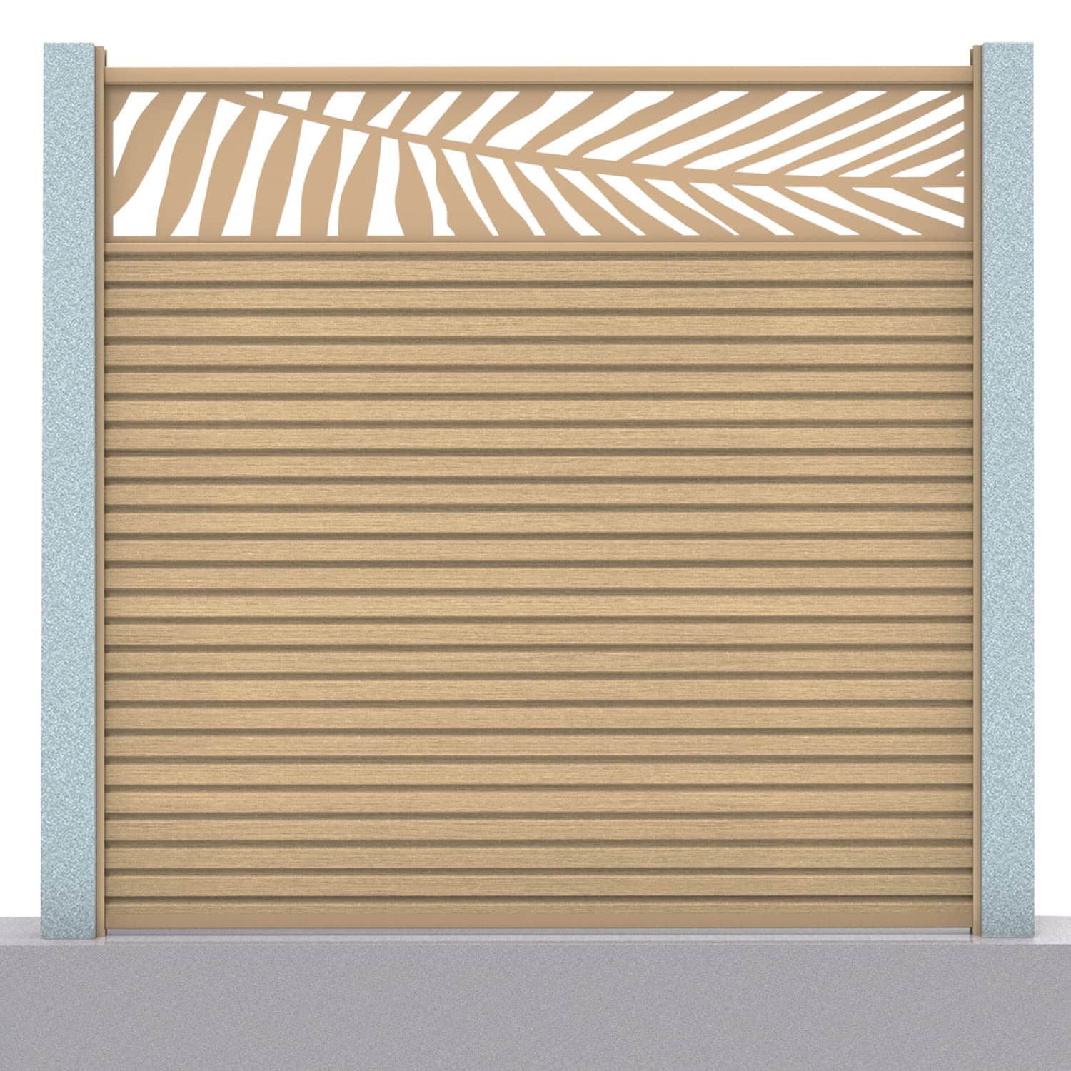 Slatted composite fence panel set - leaf design in oak with concrete post inserts