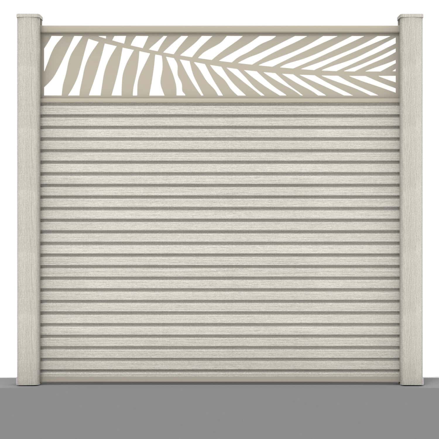 Slatted composite fence panel set - leaf design in ash white with hard ground post inserts