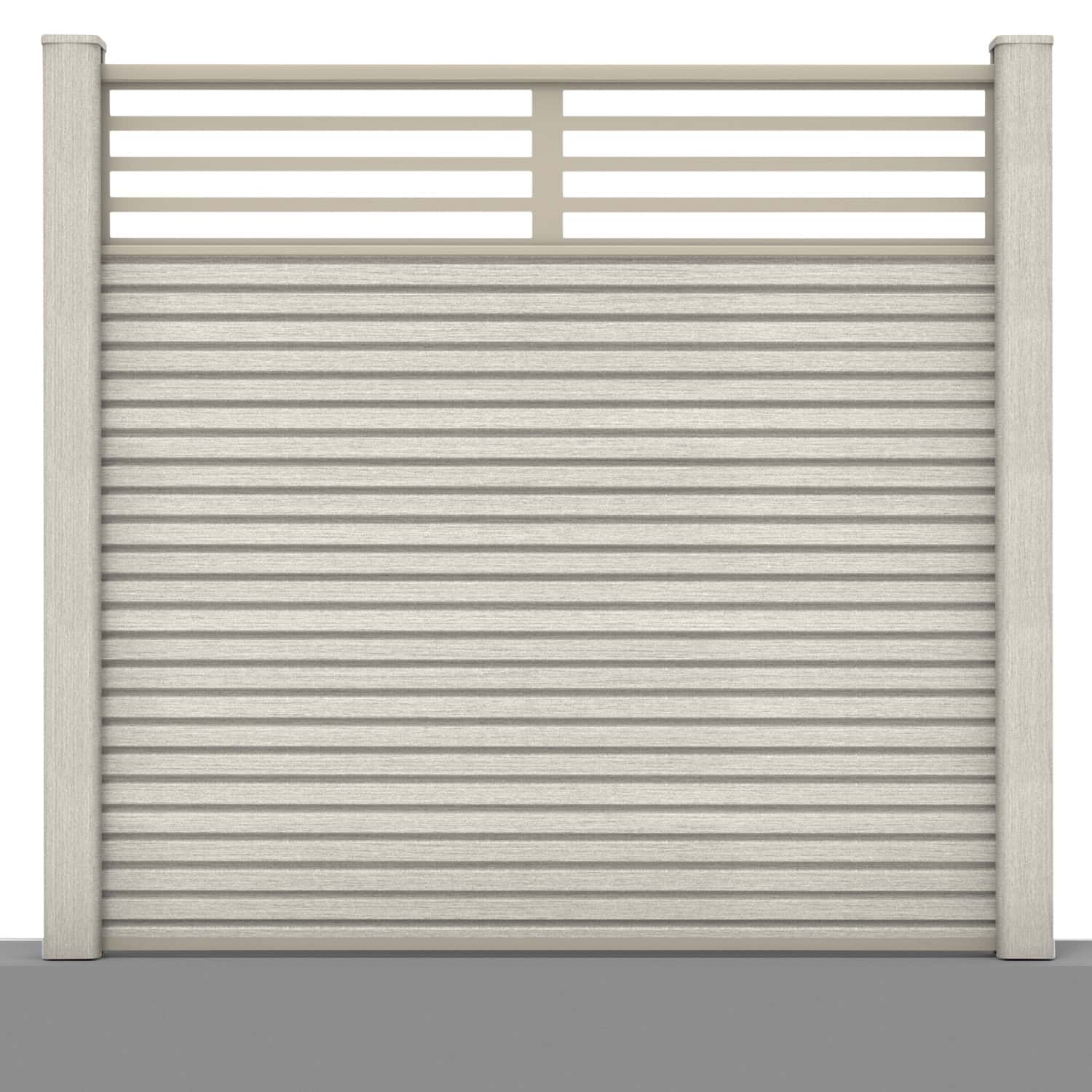 Slatted composite fence panel set - linear design in ash white with hard ground post inserts