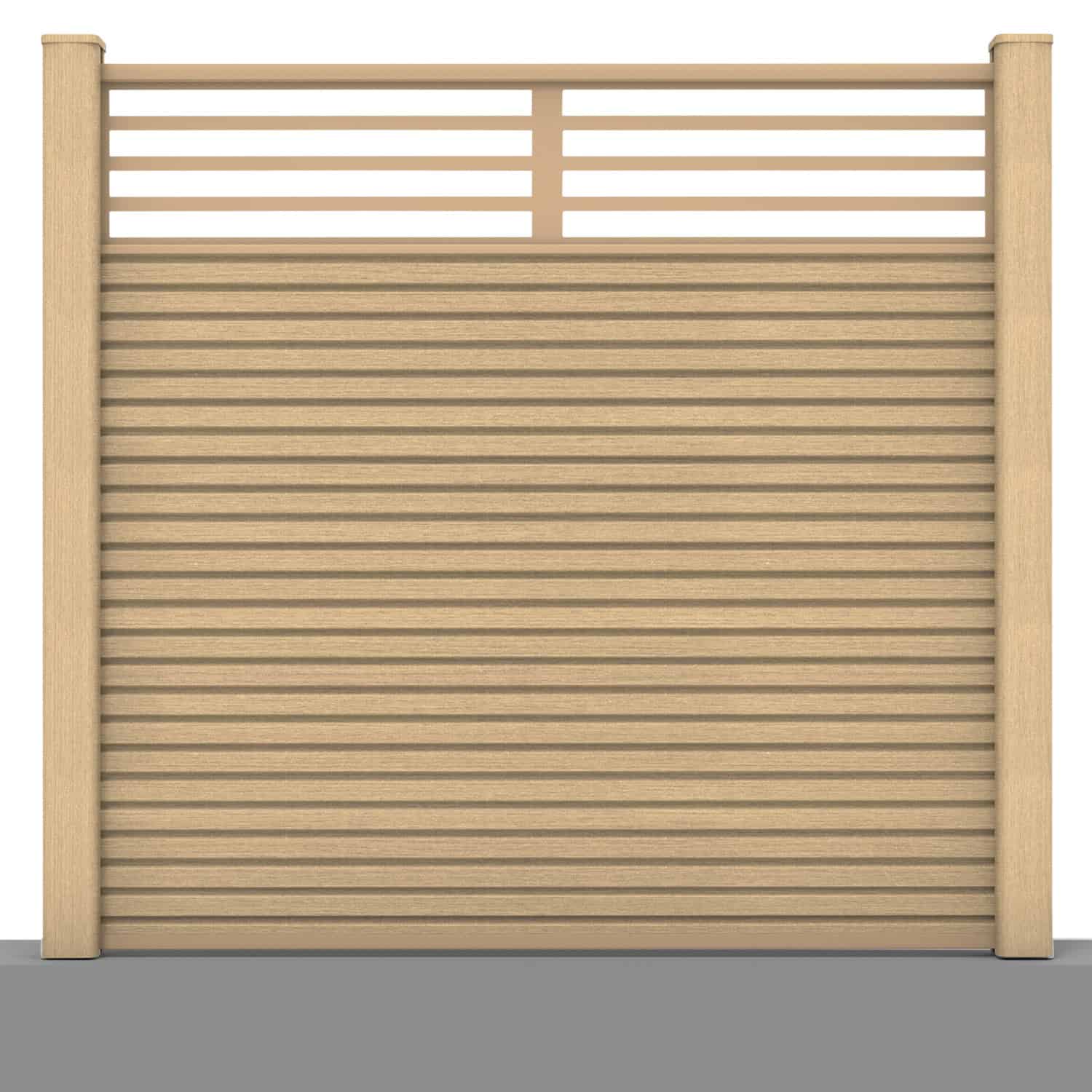 Slatted composite fence panel set - linear design in oak with hard ground post inserts